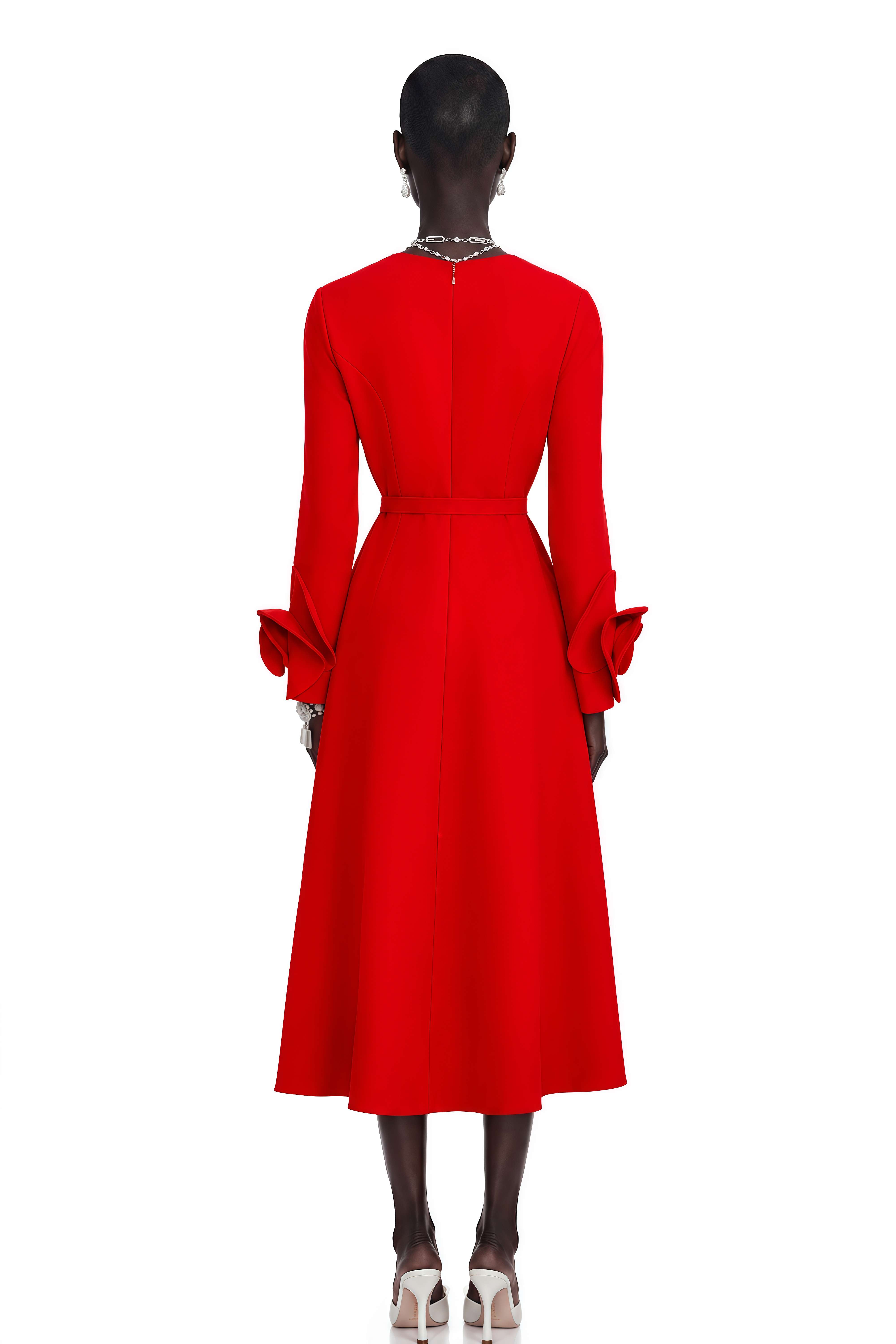 Aurelia Red Long-Sleeve Dress with Floral Embellishments