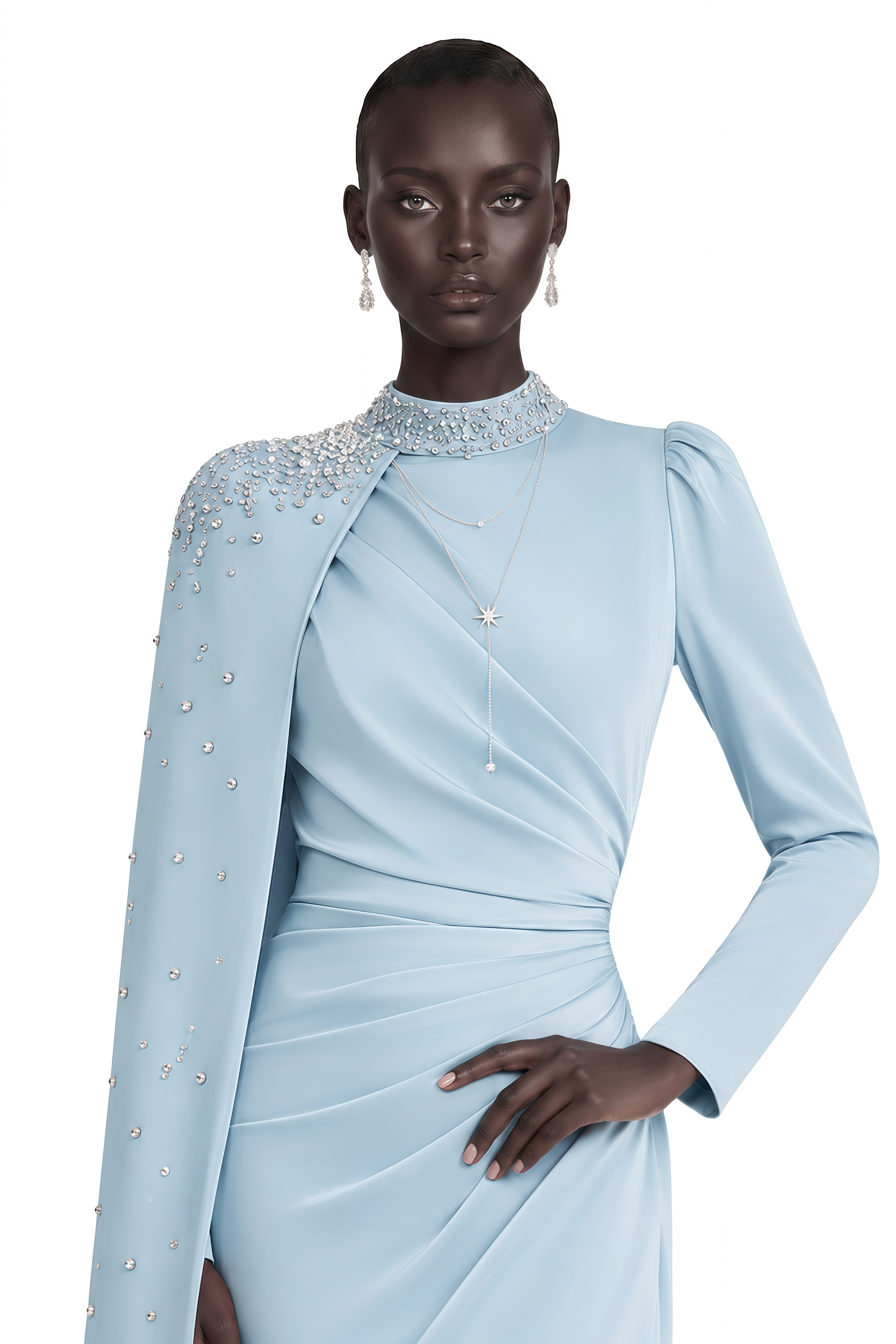 Robe longue à cape bleue Andreea avec ornements