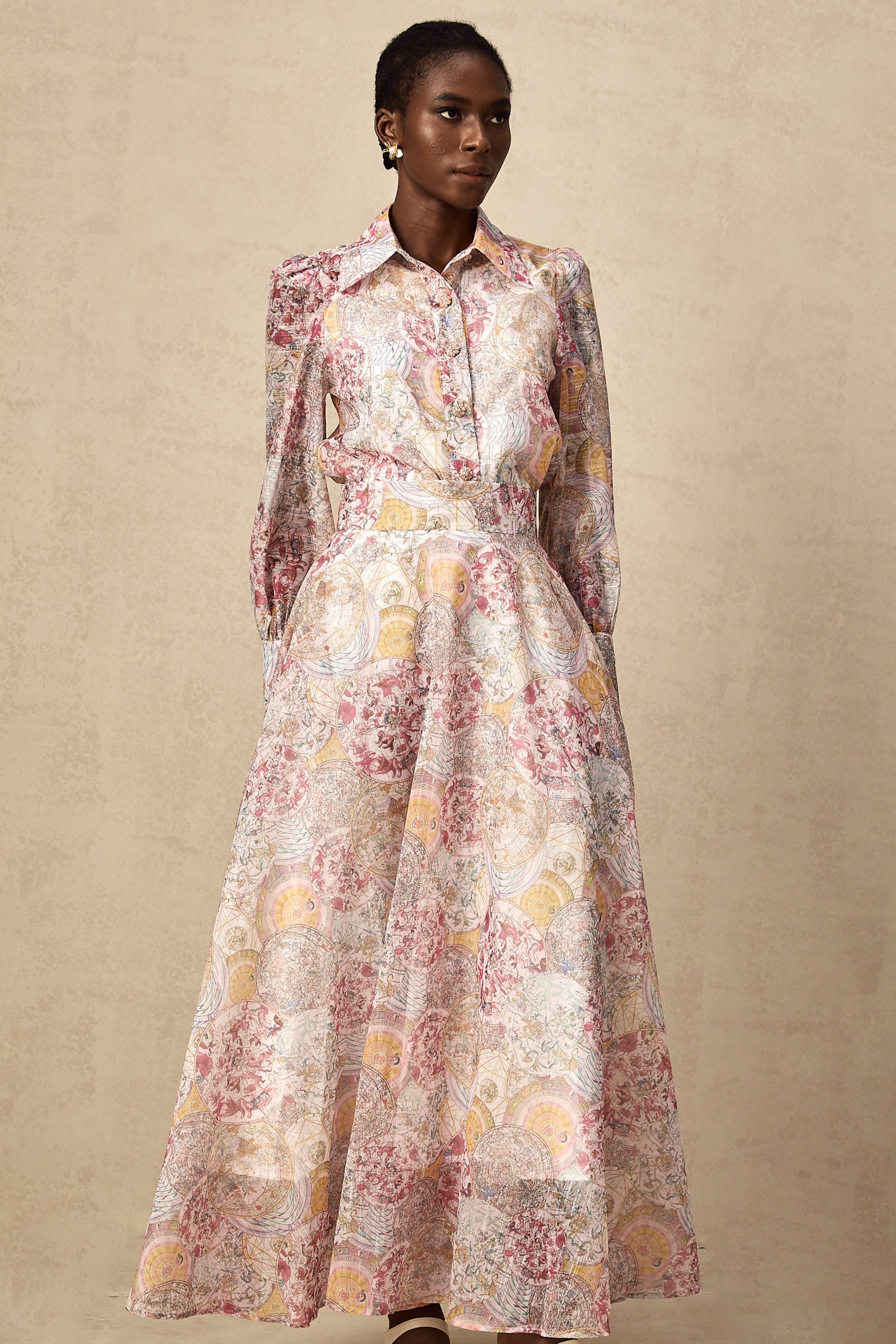 Cherry pink pattern-print shirt & skirt matching set（Final Sale-US Only)