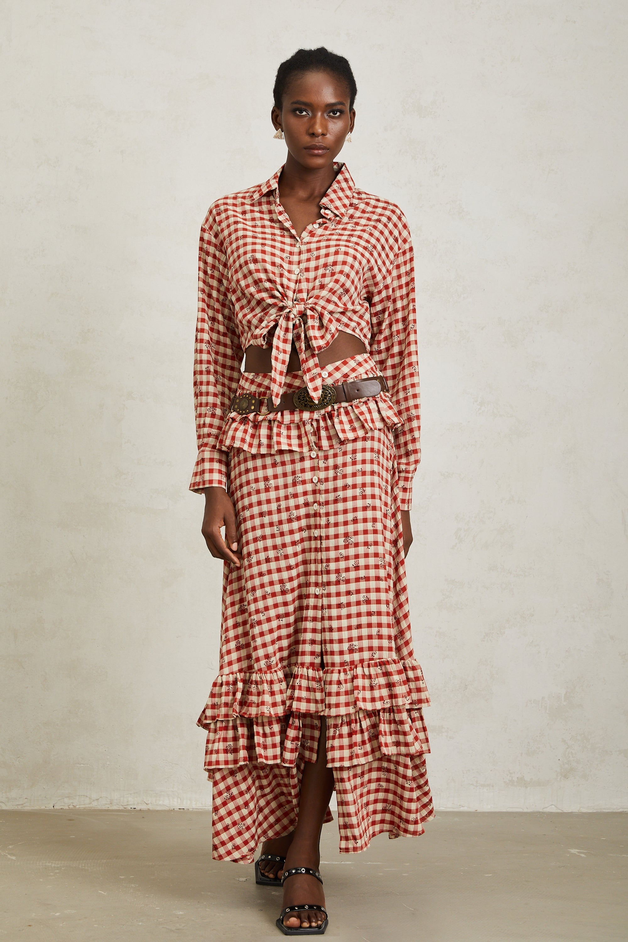 Céline Red Rose Print Plaid Shirt & Skirt Set (Without Belt)