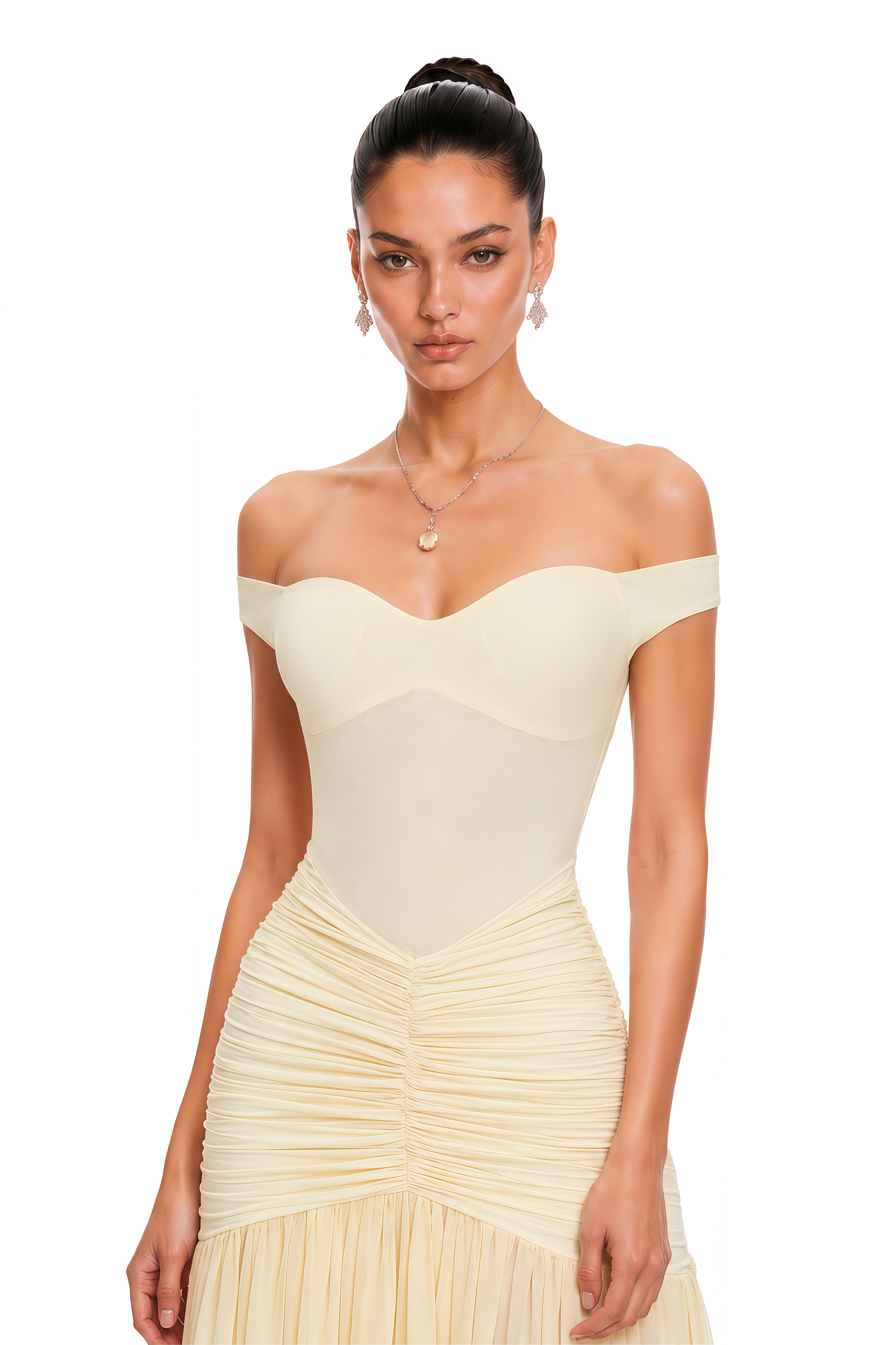 Geneviève Yellow Off Shoulder Ruched Maxi Dress (Final Sale-US Only)