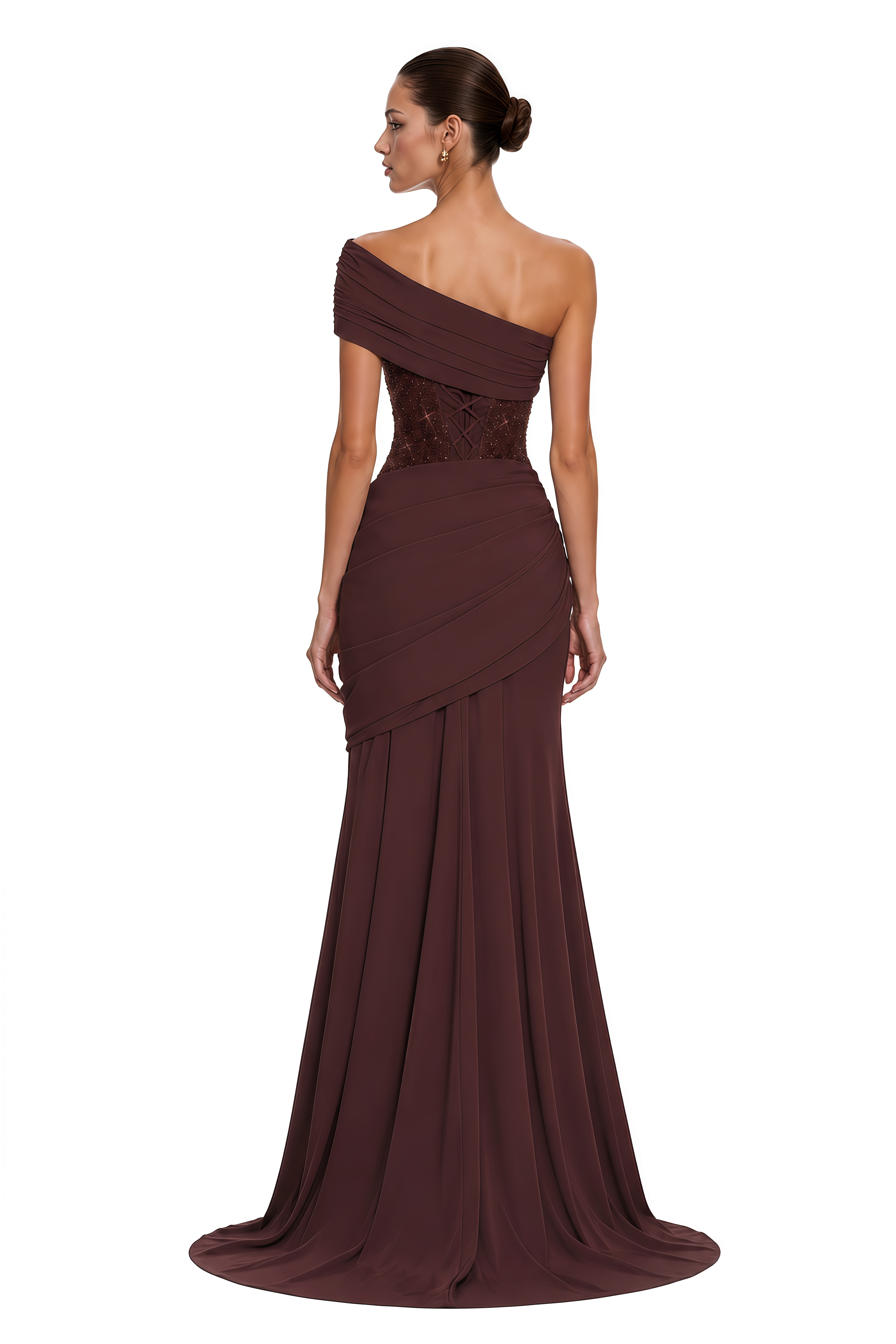Giada Brown Sequined Asymmetrical Ruched Maxi Gown (Final Sale-US Only)