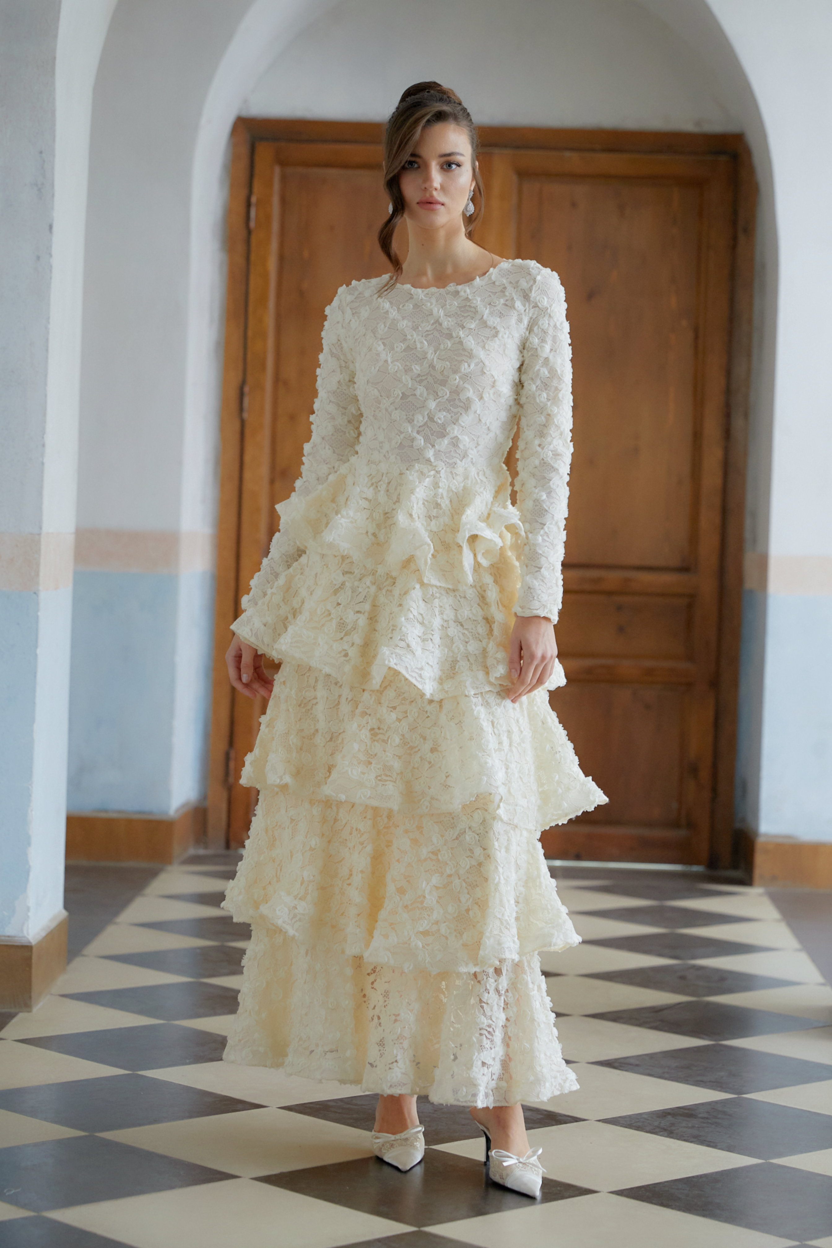 Halla Neutral Tiered Floral Lace Maxi Dress (Final Sale)