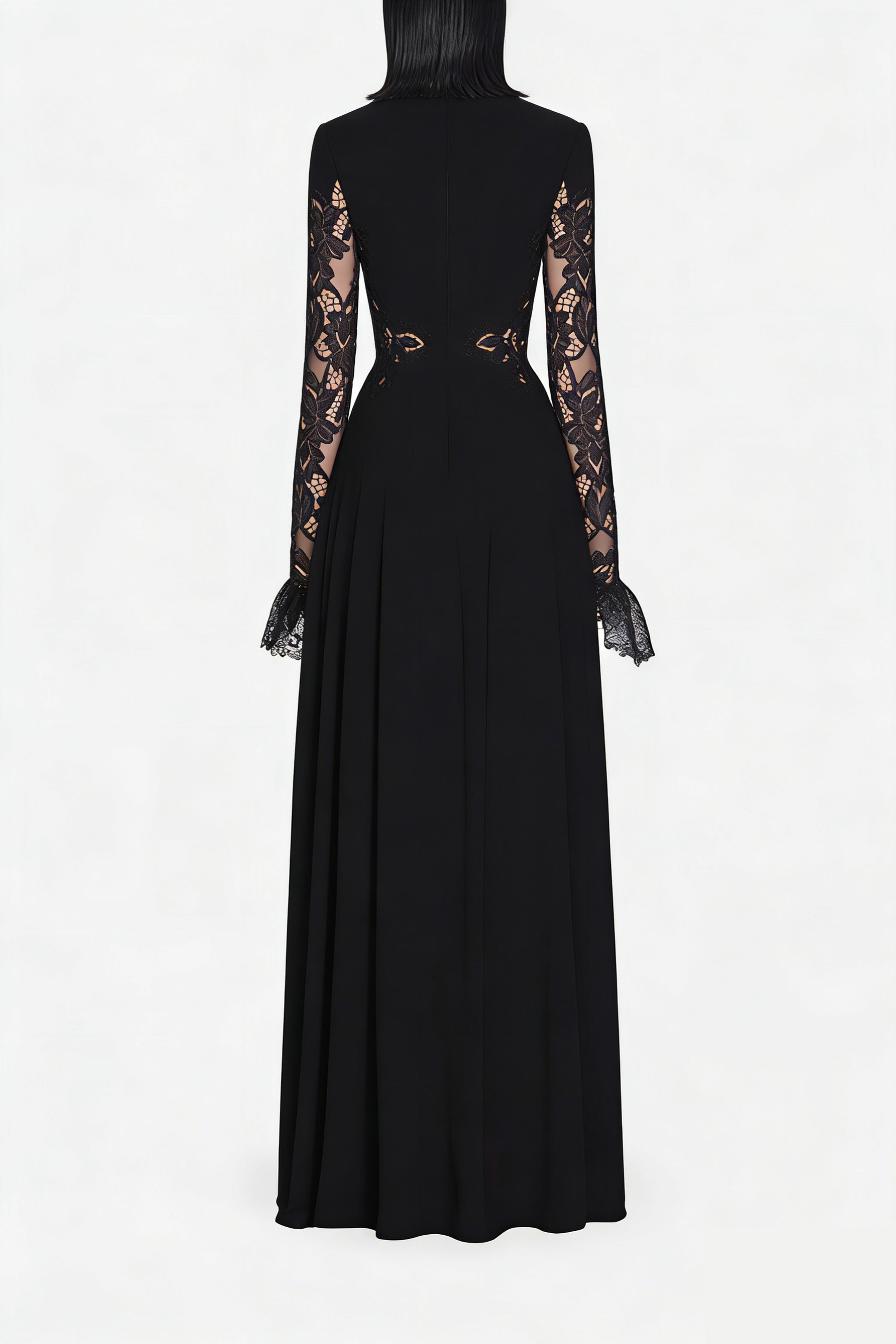 Black Lace Panel Pleated Midi Dress