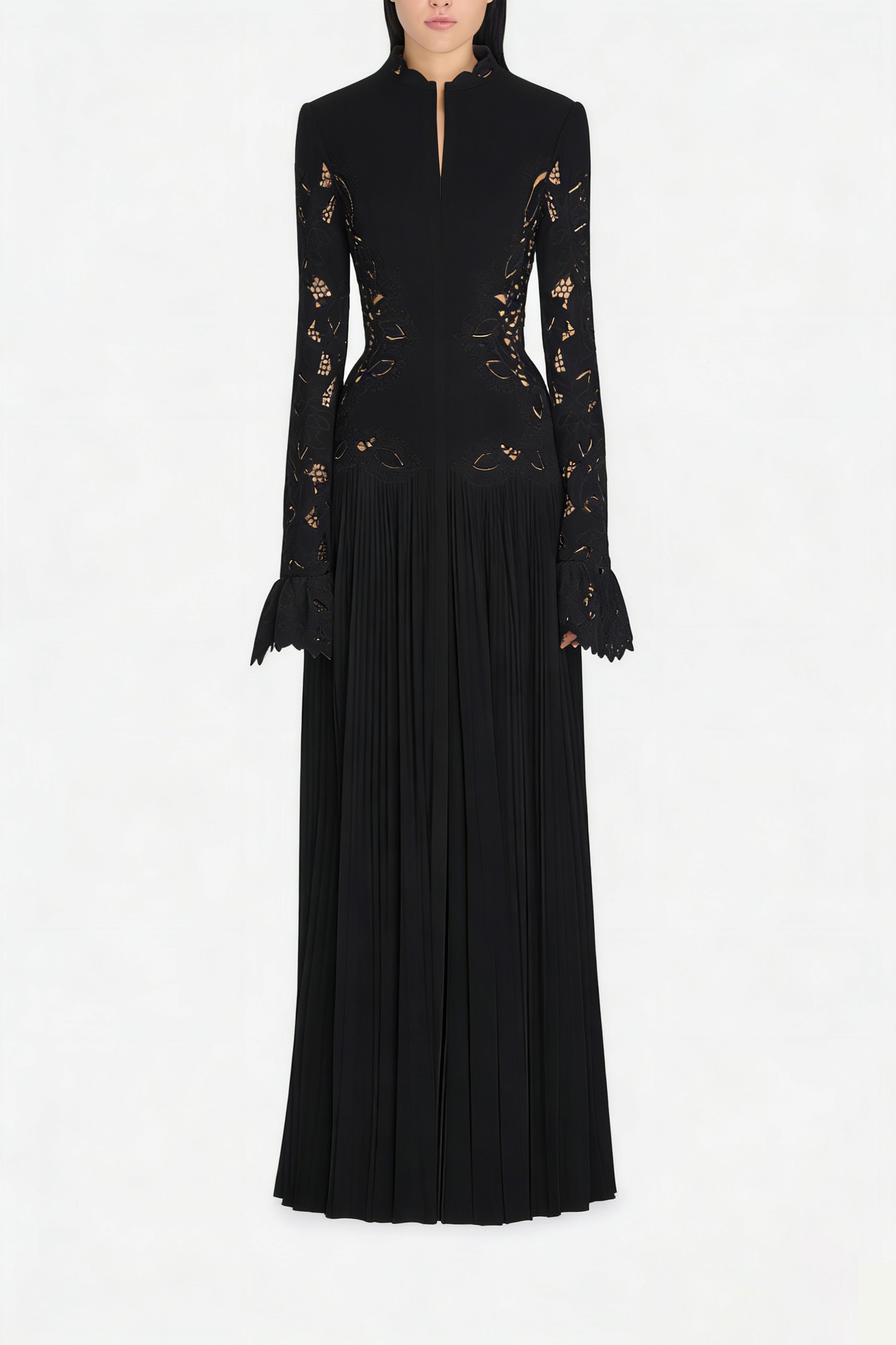 Black Lace Panel Pleated Midi Dress