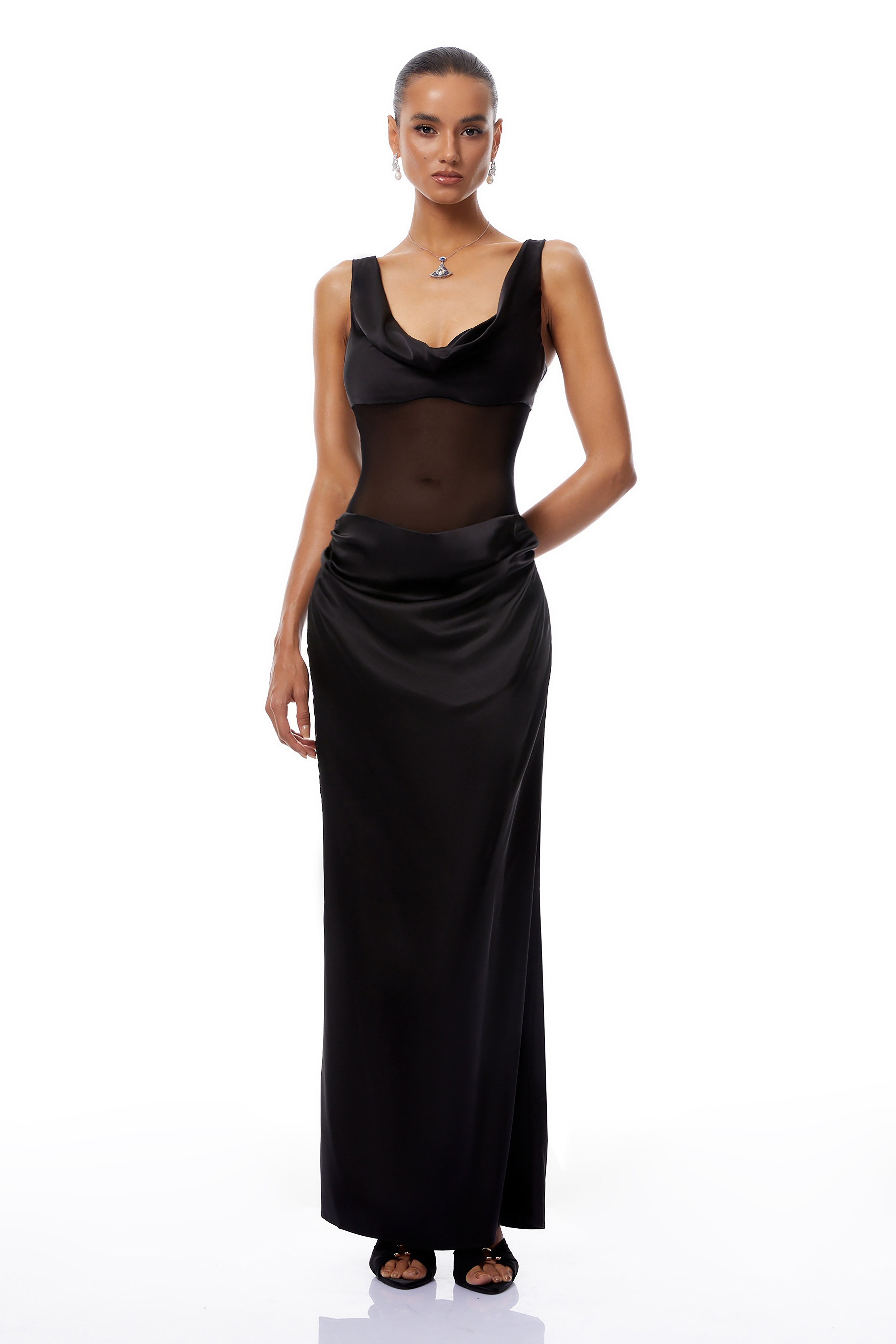 Pernilla Black Ruched Satin Maxi Dress (Final Sale-US Only)