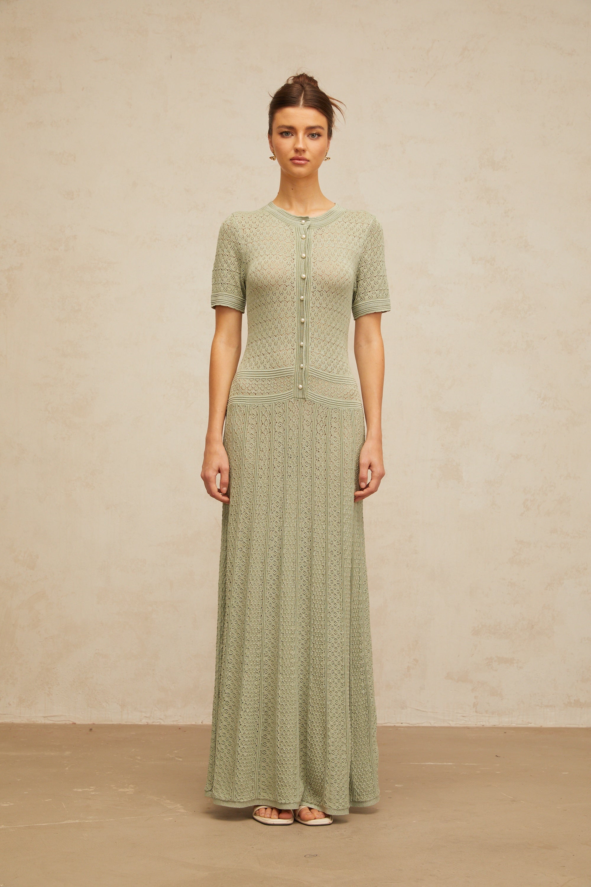 Siena shirred crochet-knit maxi dress