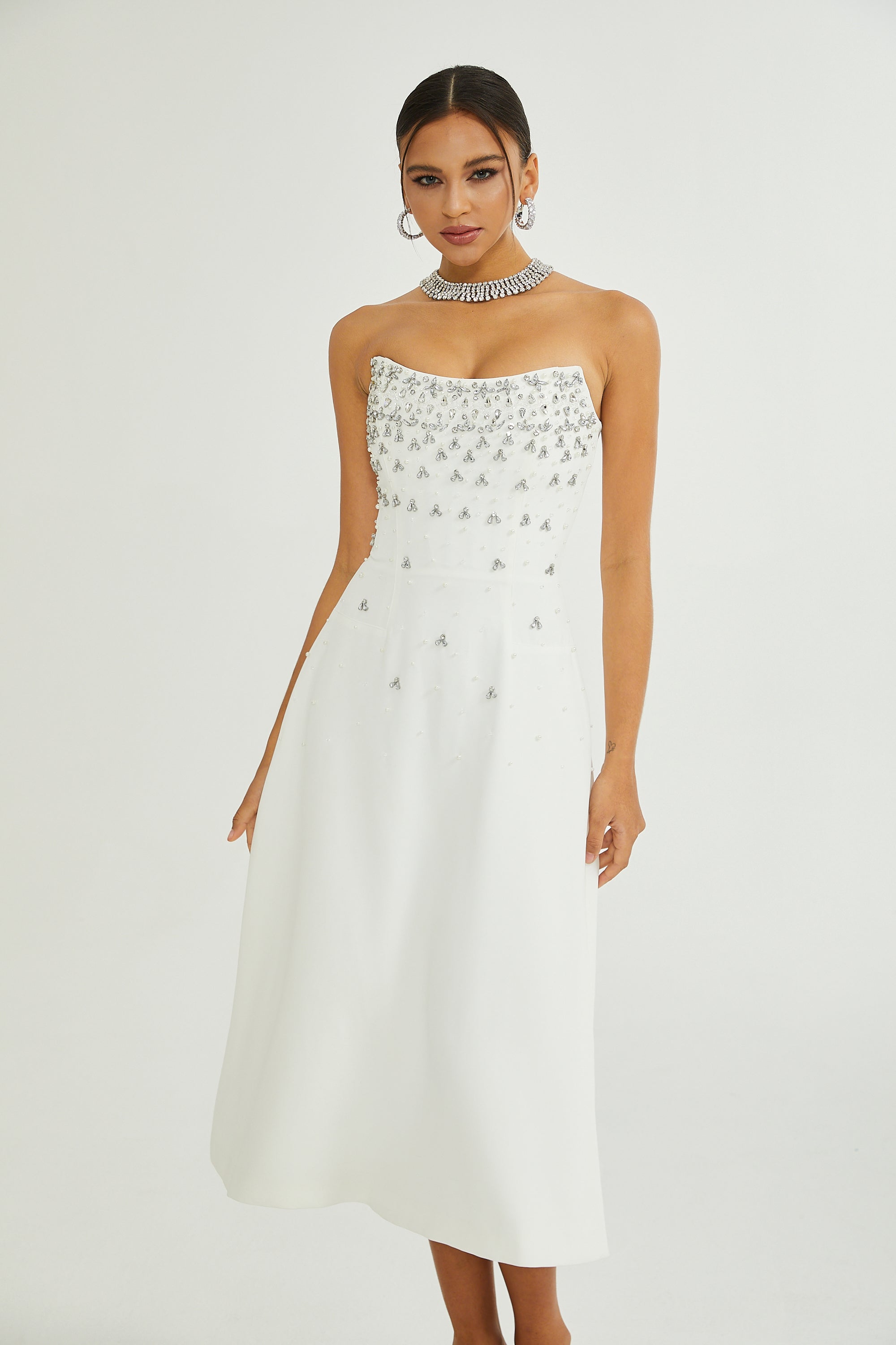 Melisande White Embellished Midi Dress