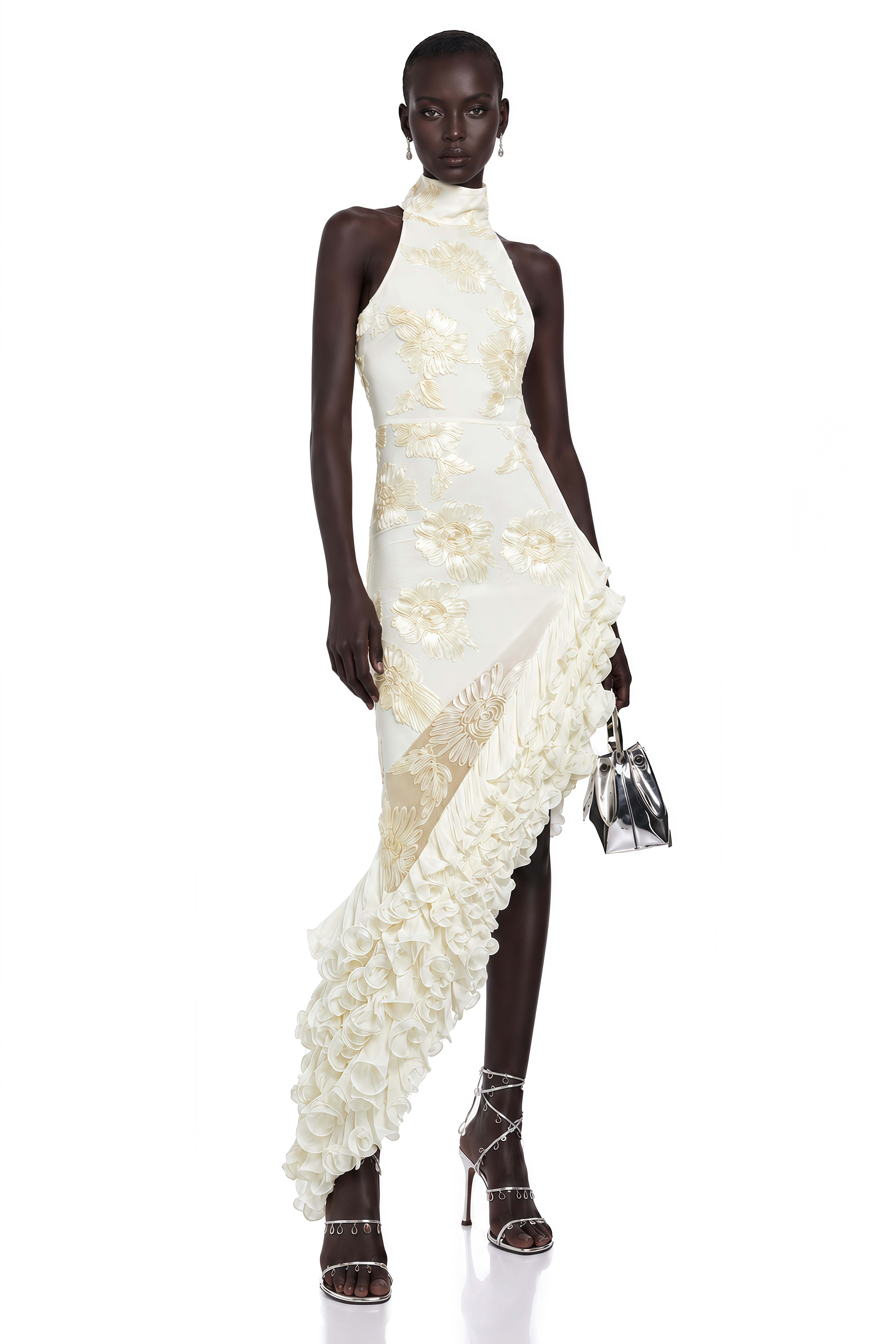 Robe mi-longue à volants asymétriques et motif floral « Théoline »