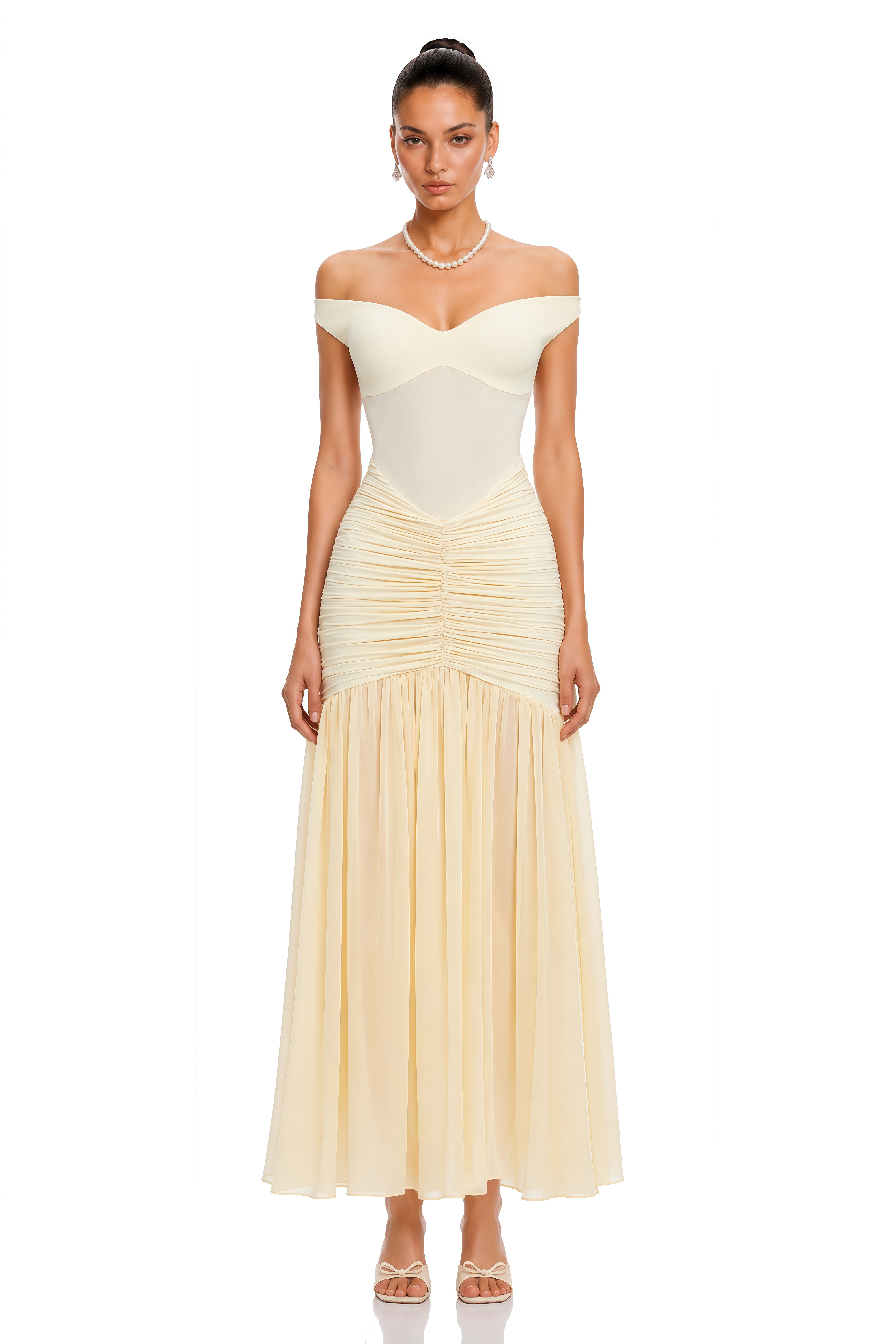 Geneviève Yellow Off Shoulder Ruched Maxi Dress (Final Sale-US Only)