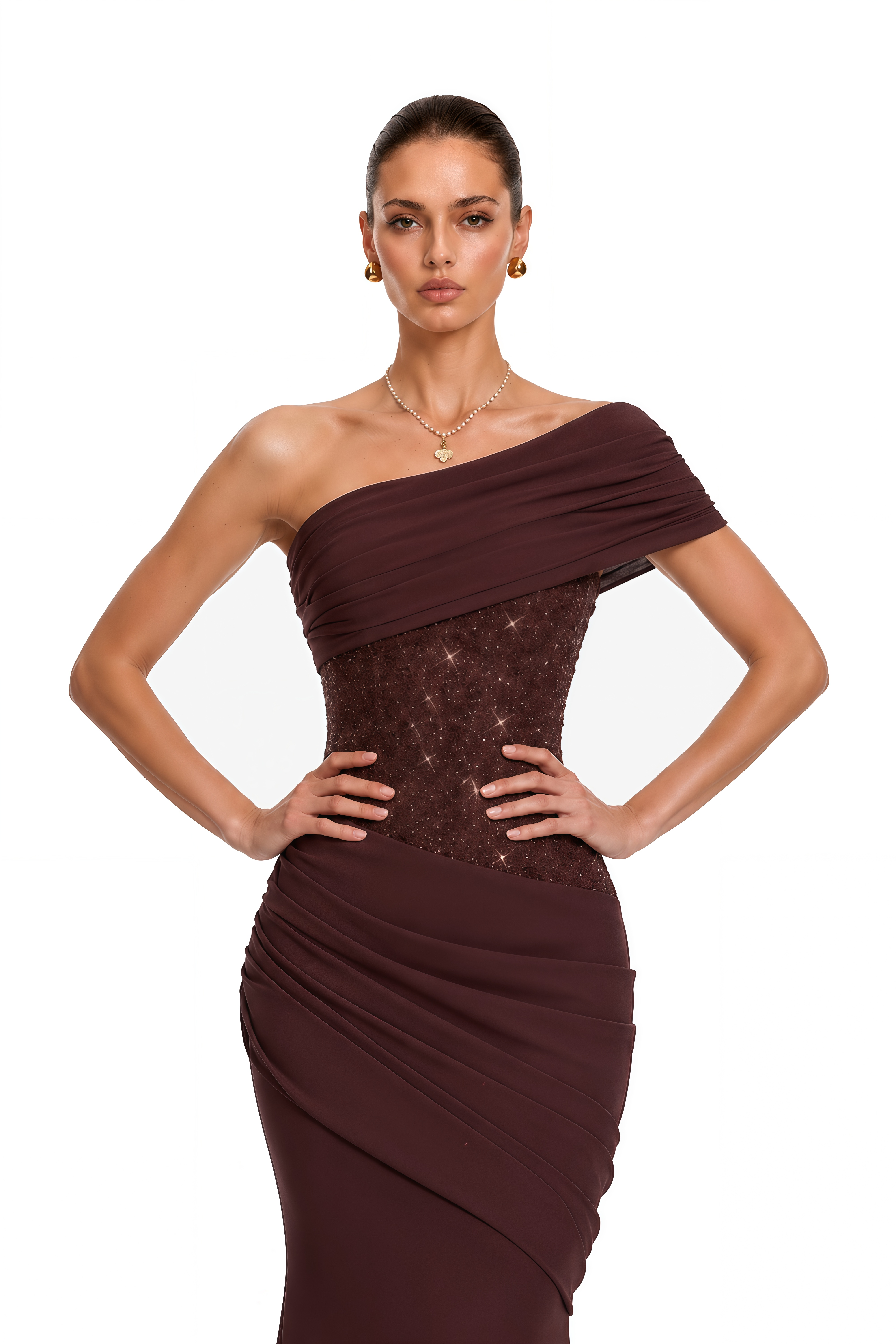 Giada Brown Sequined Asymmetrical Ruched Maxi Gown (Final Sale-US Only)