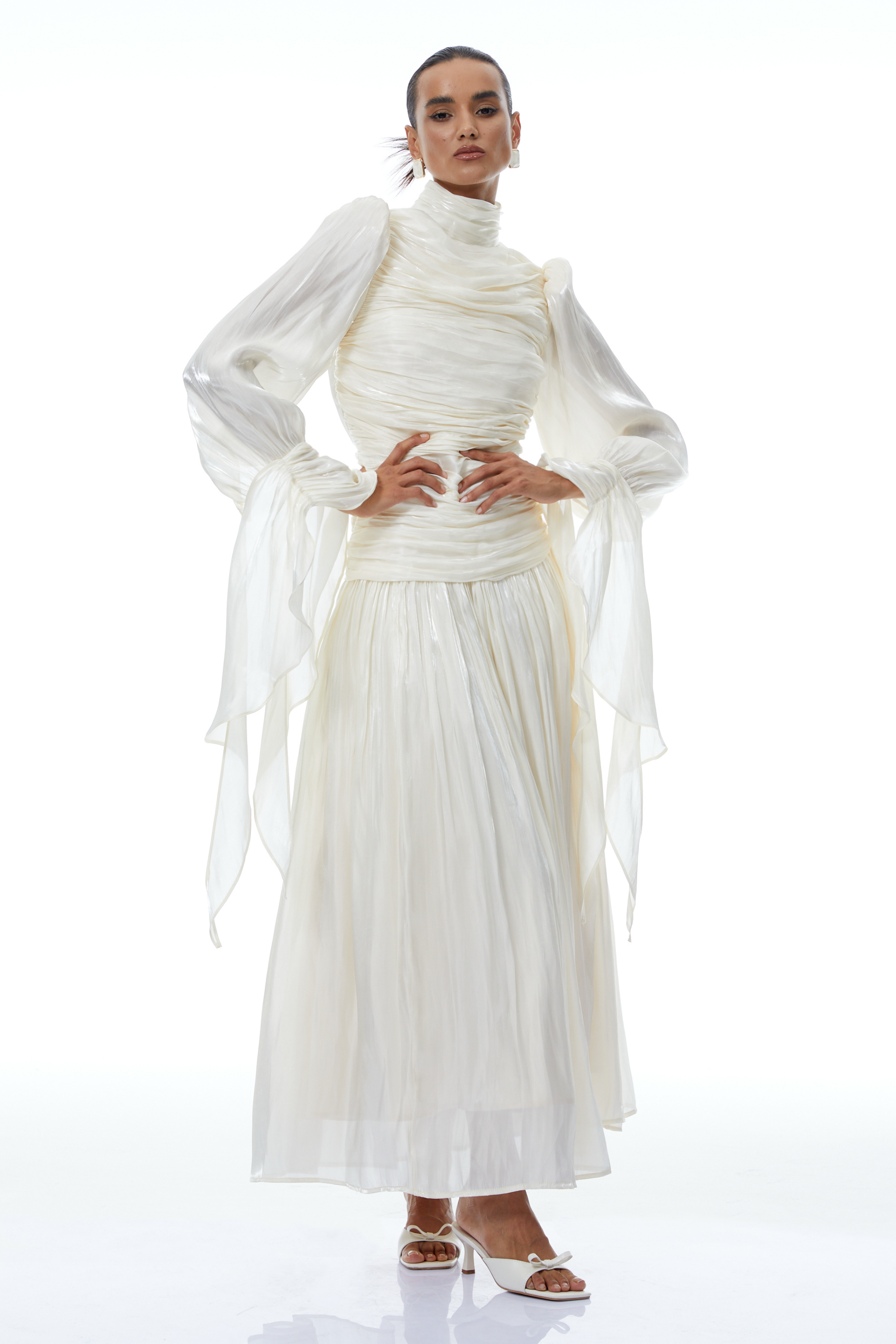 Sarolta Neutral Glossy Ruched Maxi Dress (Final Sale)