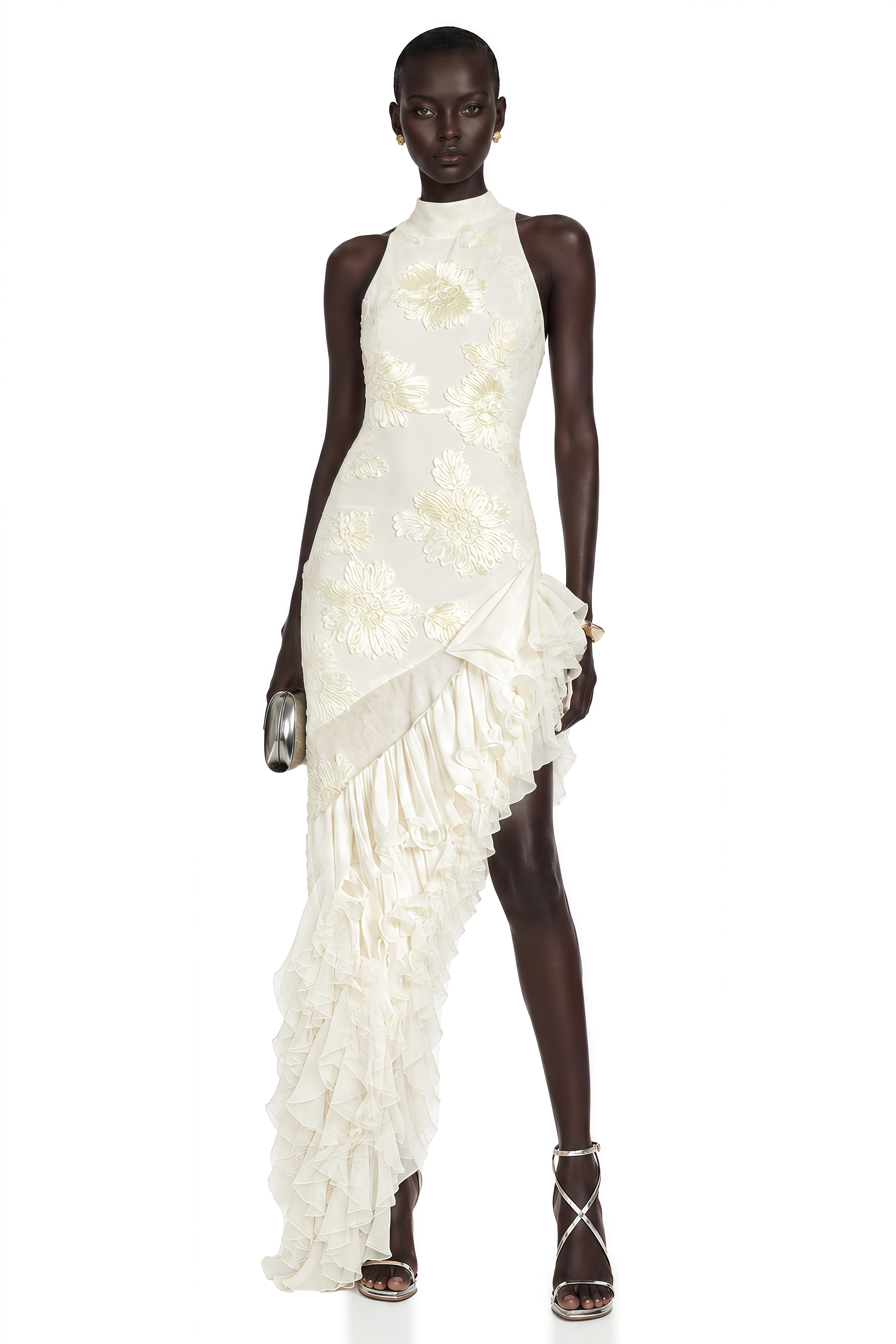 Robe mi-longue à volants asymétriques et motif floral « Théoline »