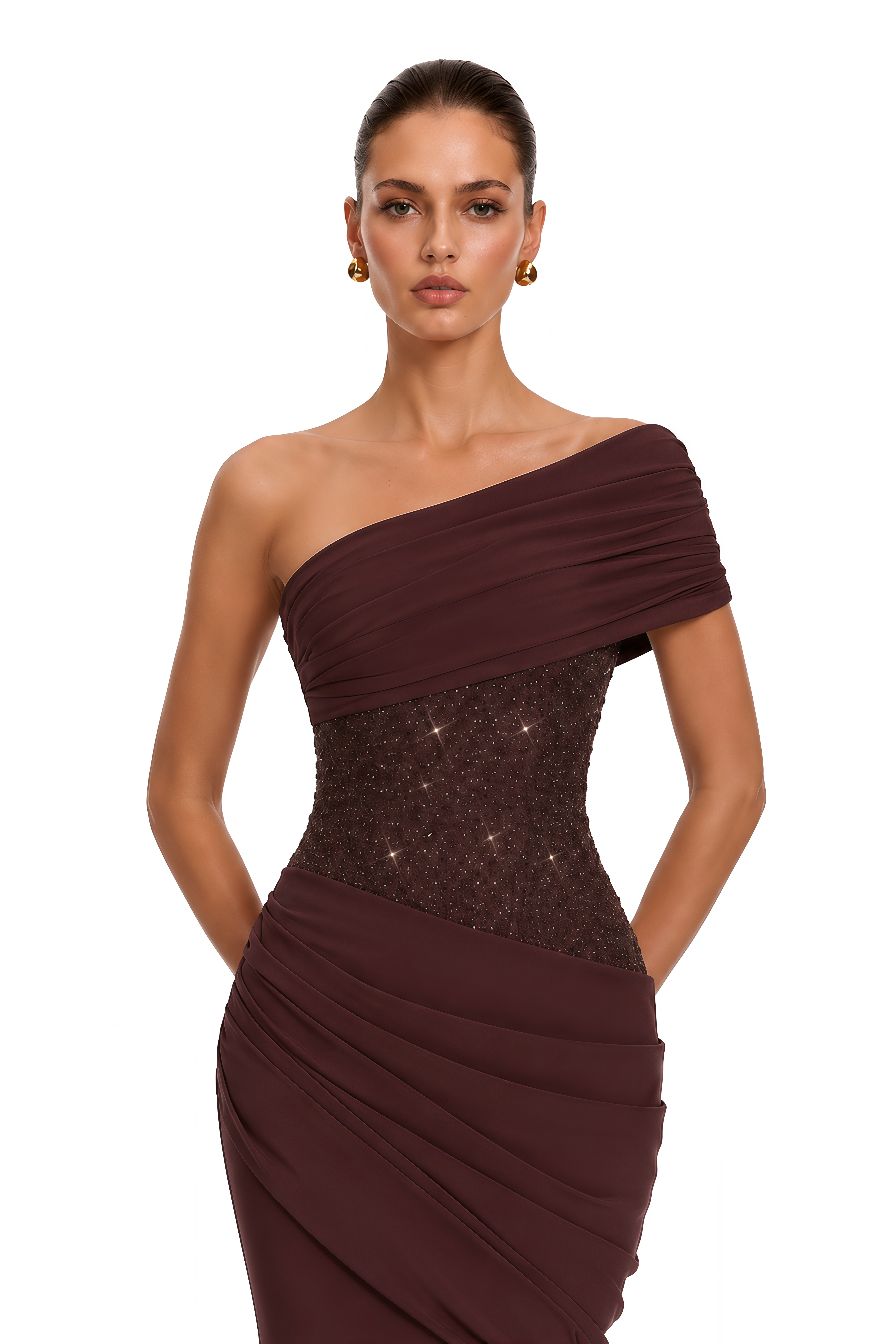 Giada Brown Sequined Asymmetrical Ruched Maxi Gown (Final Sale-US Only)