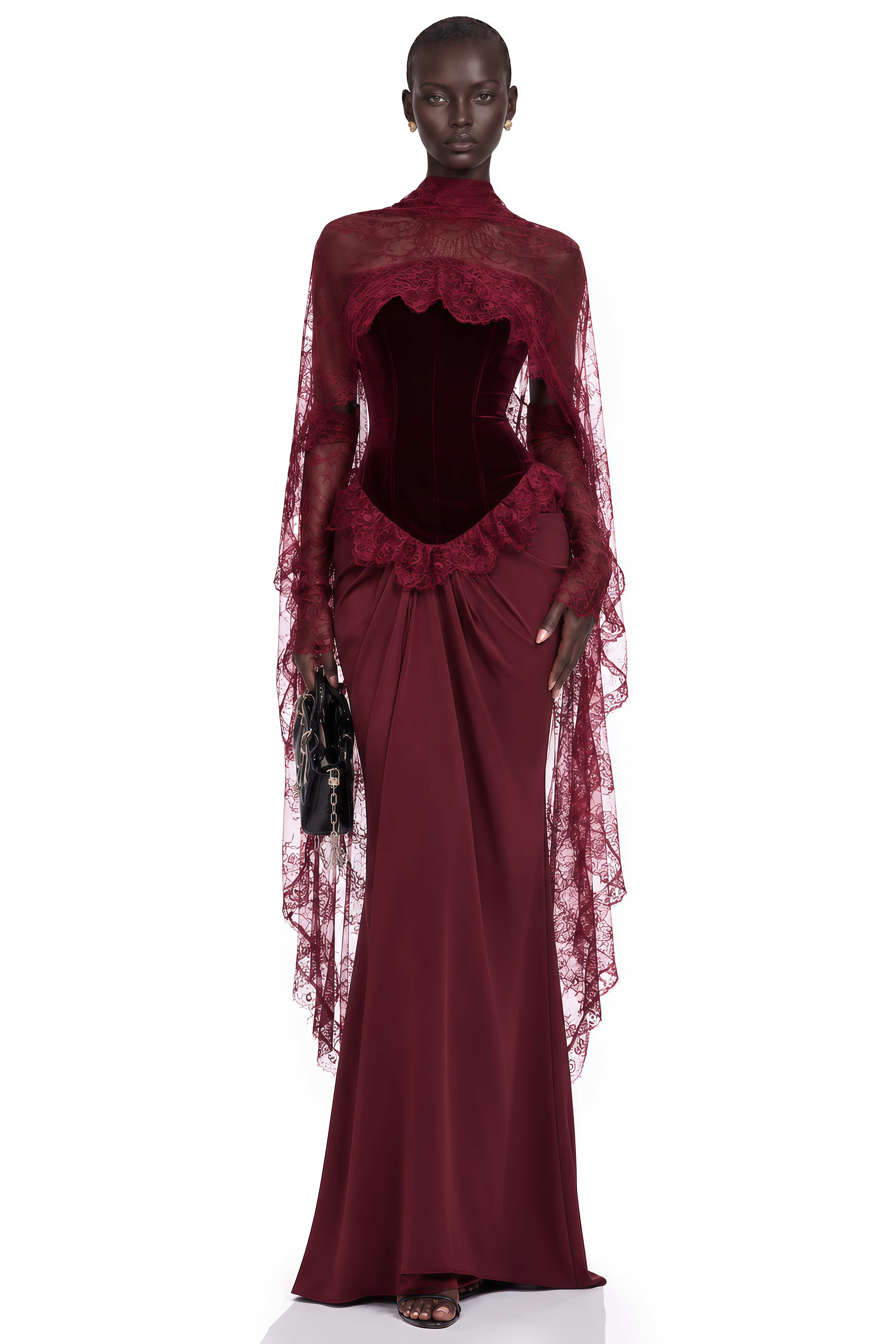 Seraphina Red Floral Lace Maxi Dress with Cape (Final Sale-US Only)