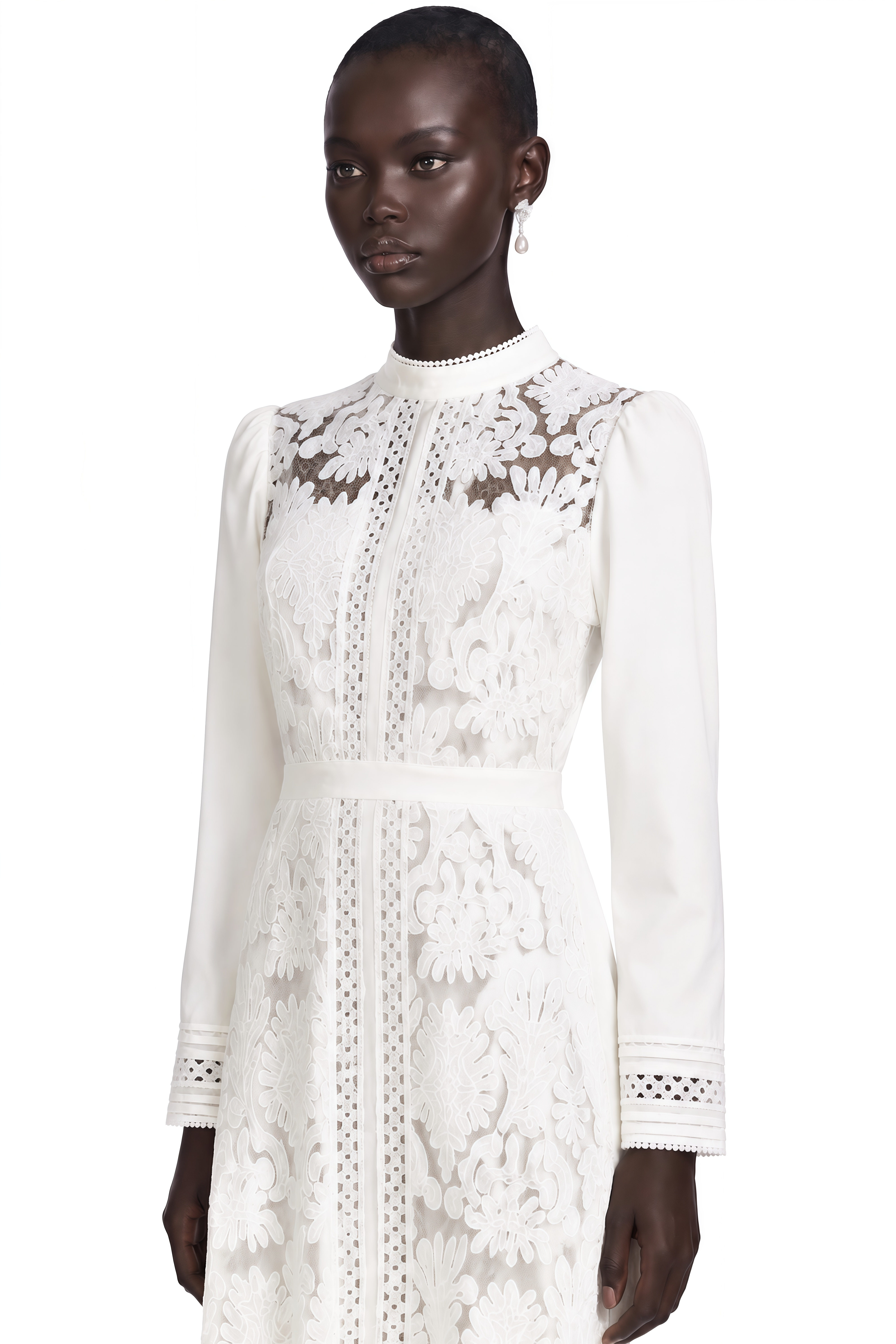Robe mi-longue brodée à empiècements « Madeleine White »