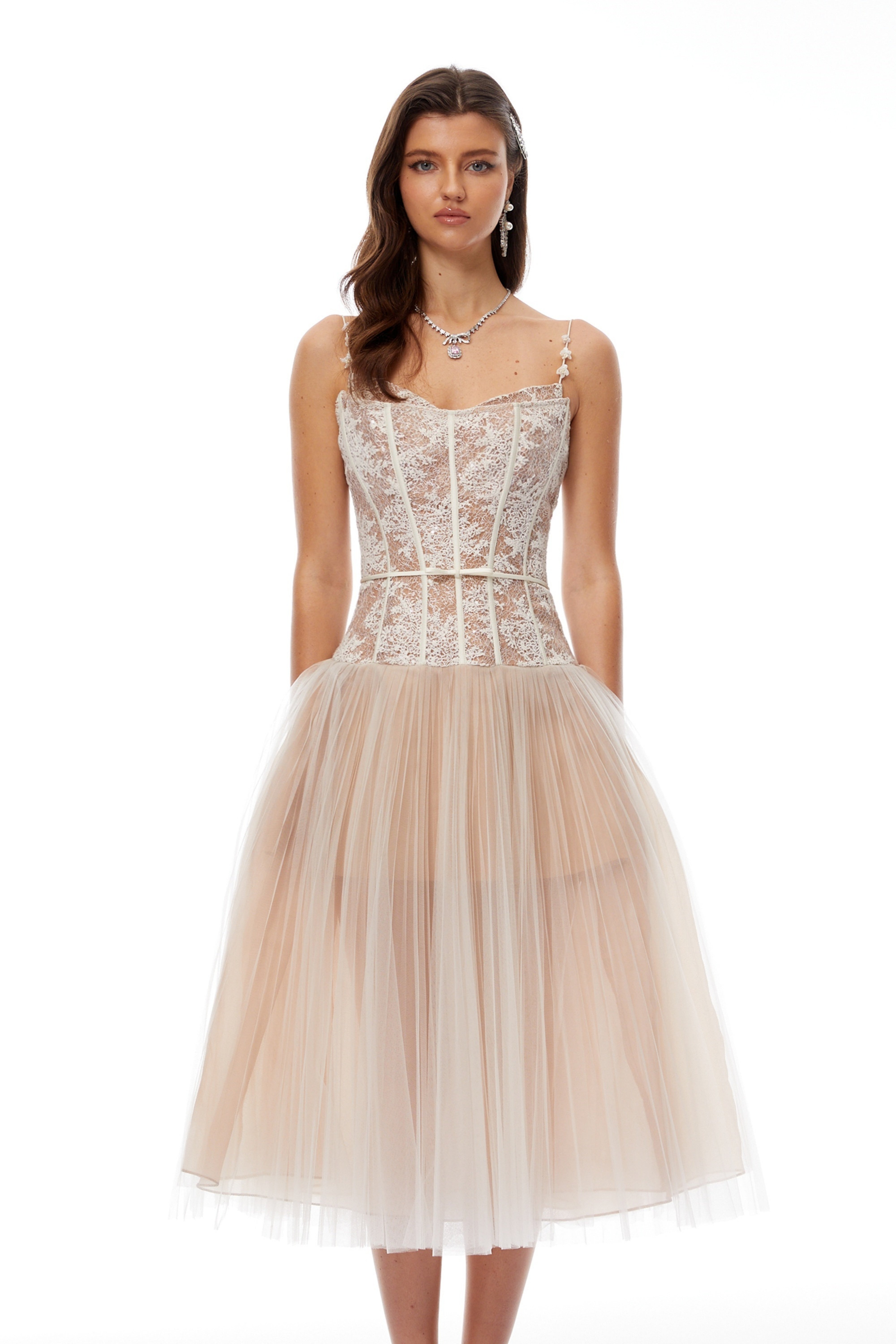 Mira Neutrals Lace Panel Tulle Midi Dress (Final Sale)