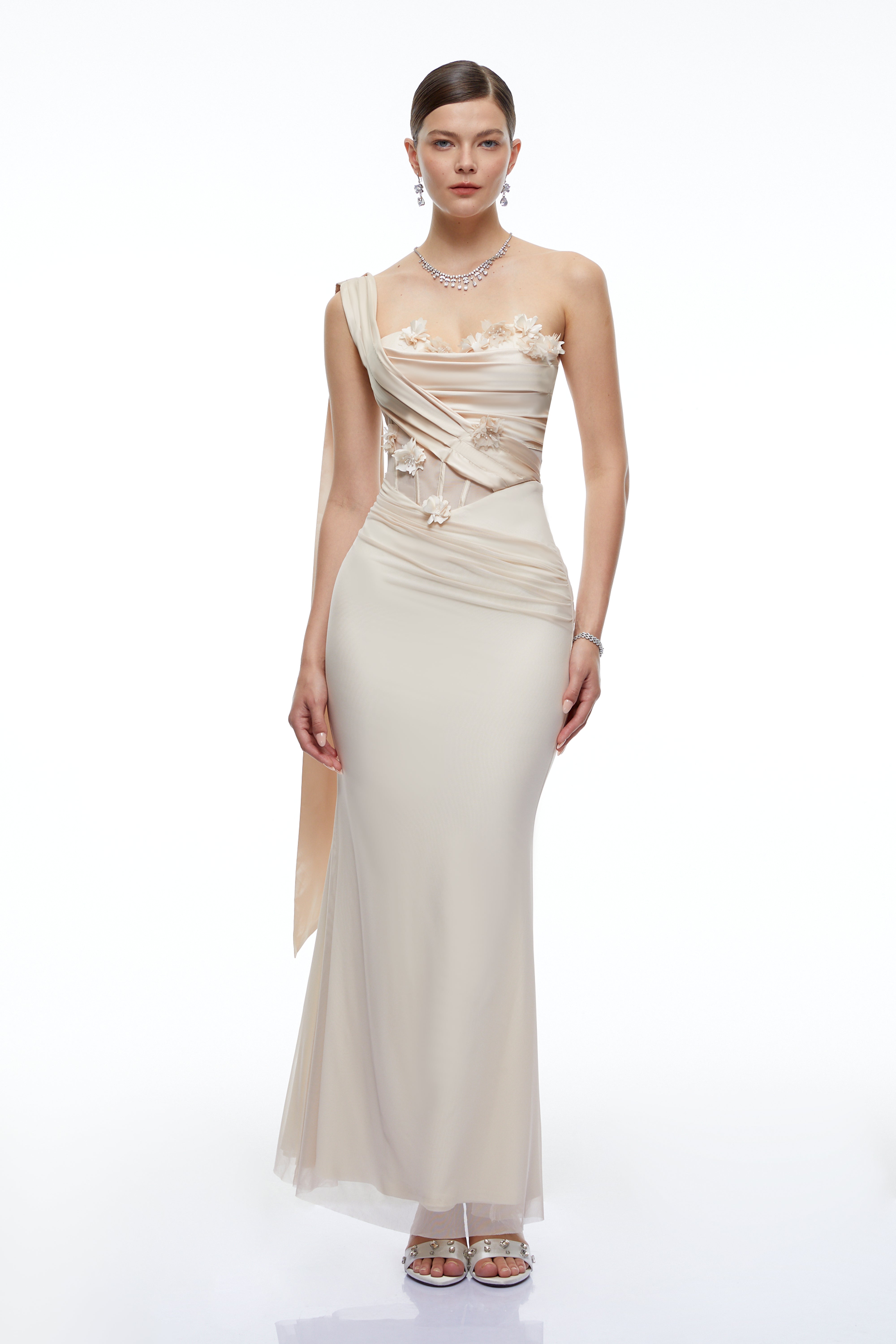 Acantha Neutral One Shoulder Maxi Dress with Floral Applique