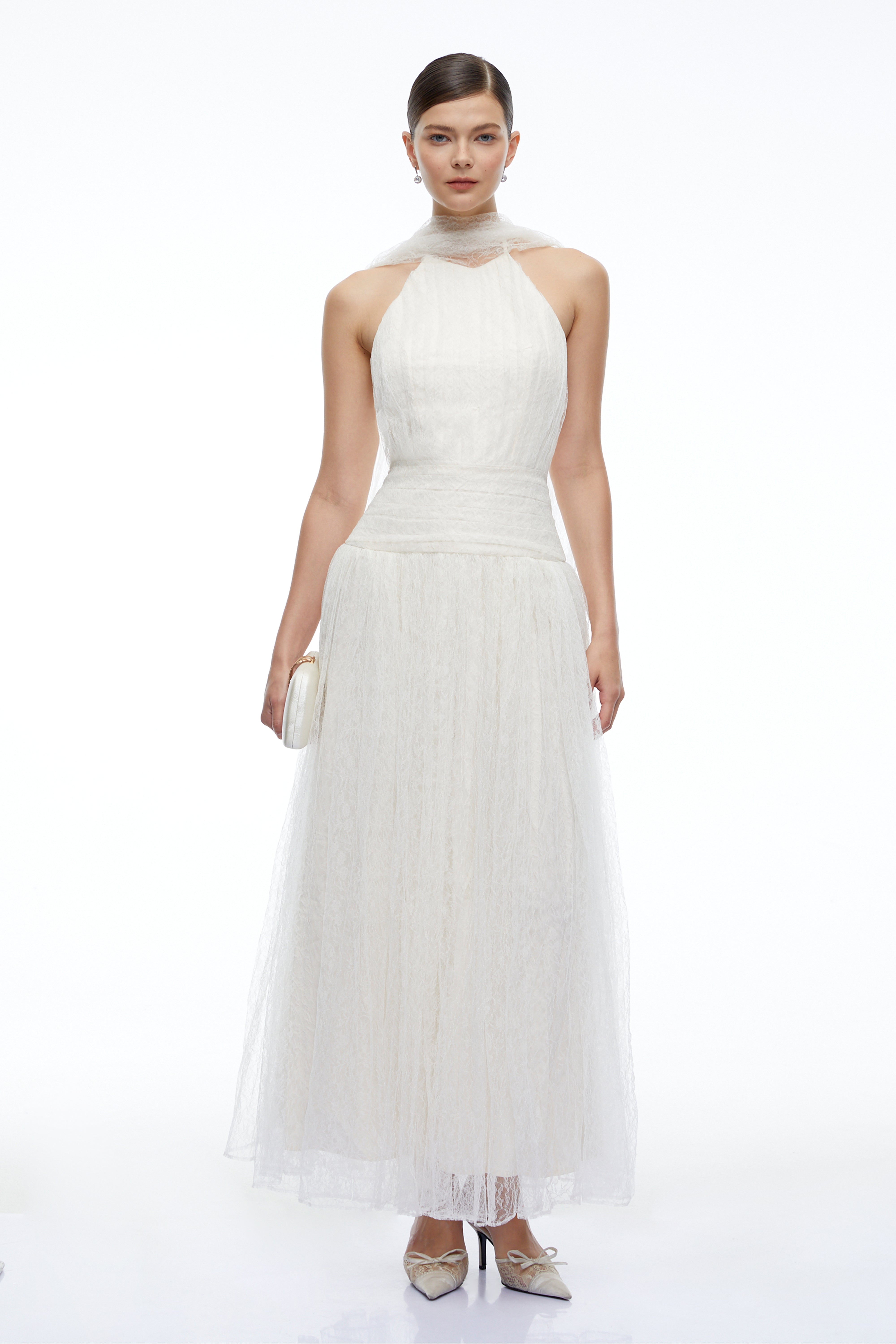 Charlotte Ivory Halterneck Lace Maxi Dress with Cape
