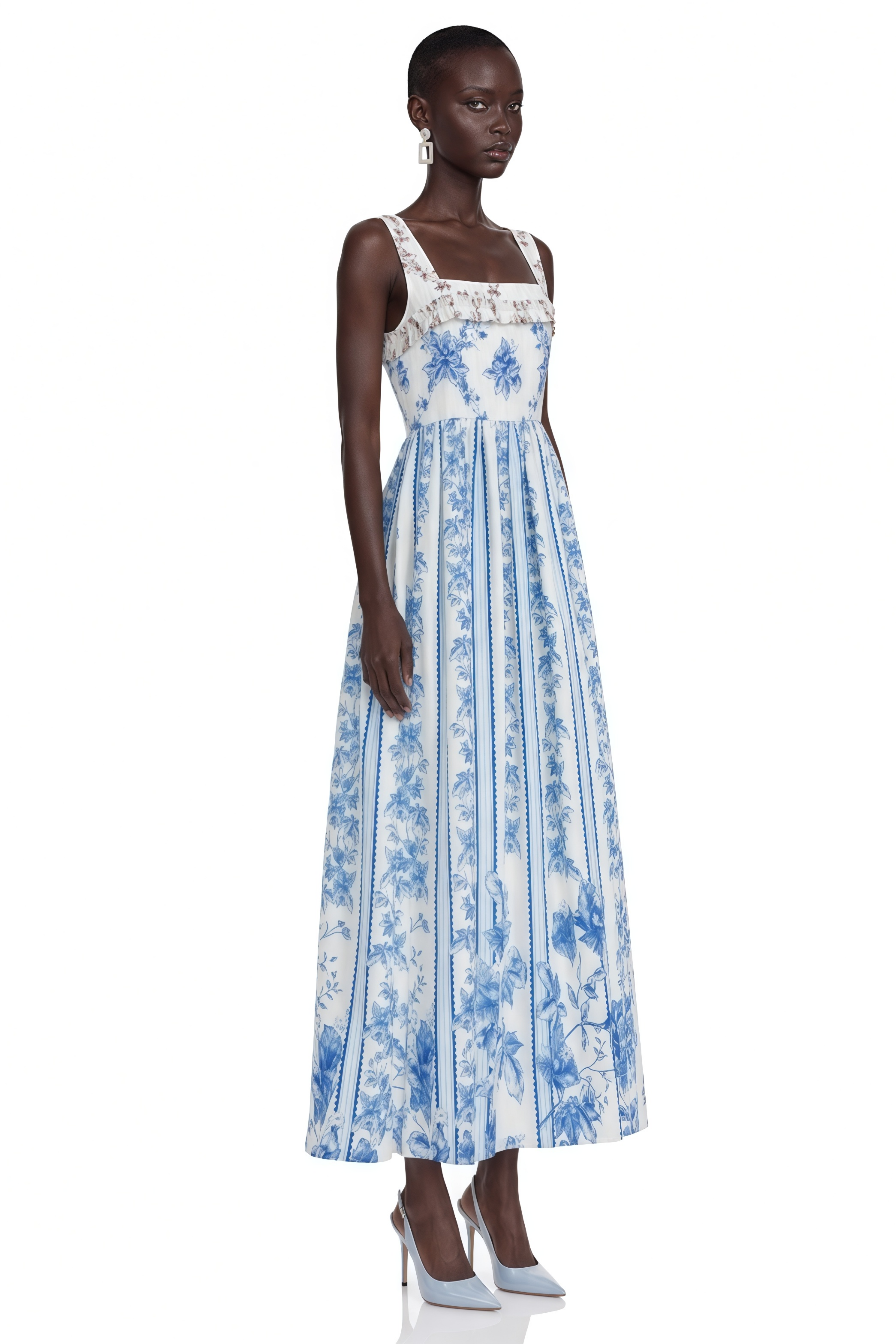 Adeliza Blue Floral Print Square Neck Midi Dress