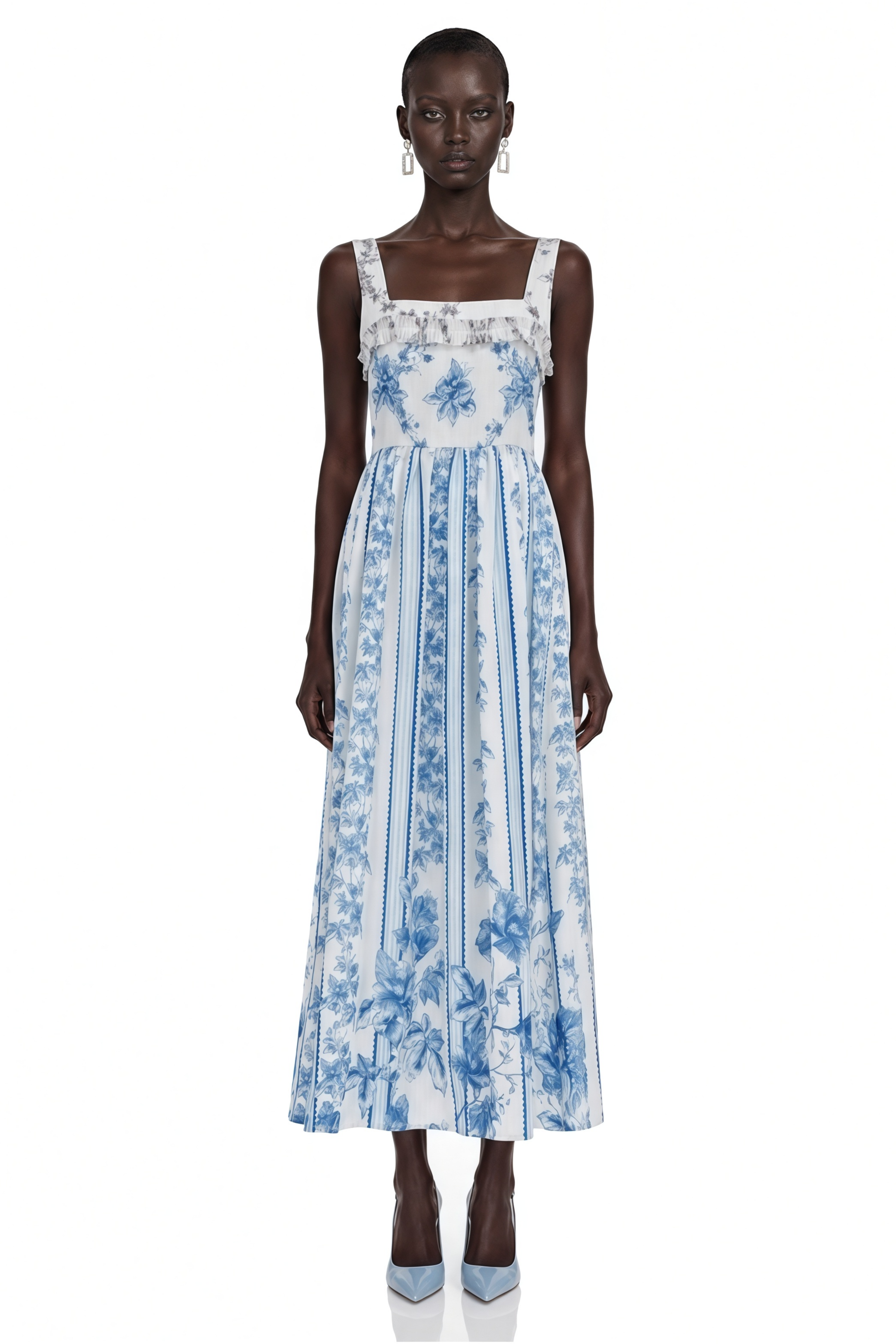 Adeliza Blue Floral Print Square Neck Midi Dress