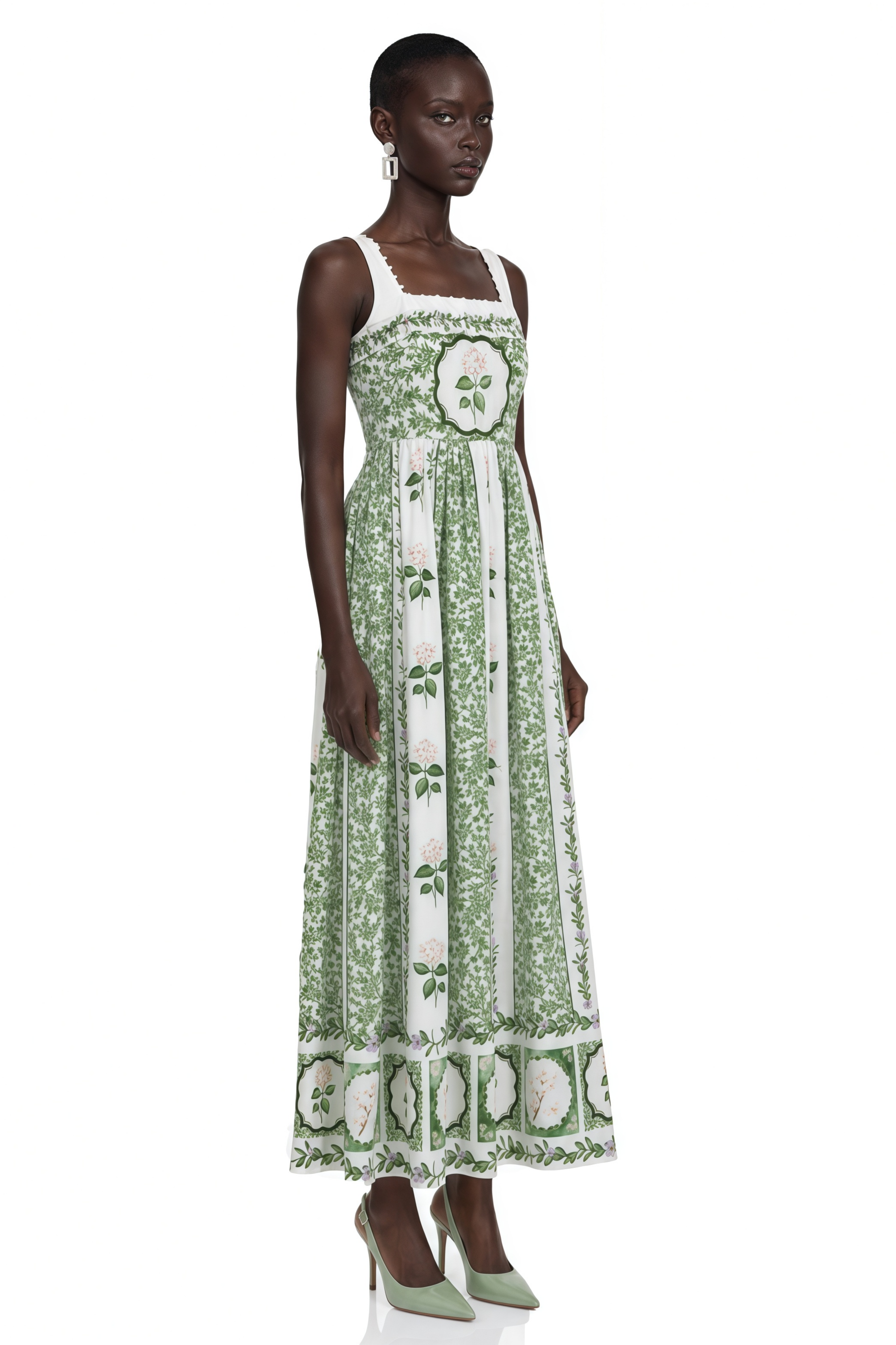 Adeliza Green Floral Print Square Neck Midi Dress