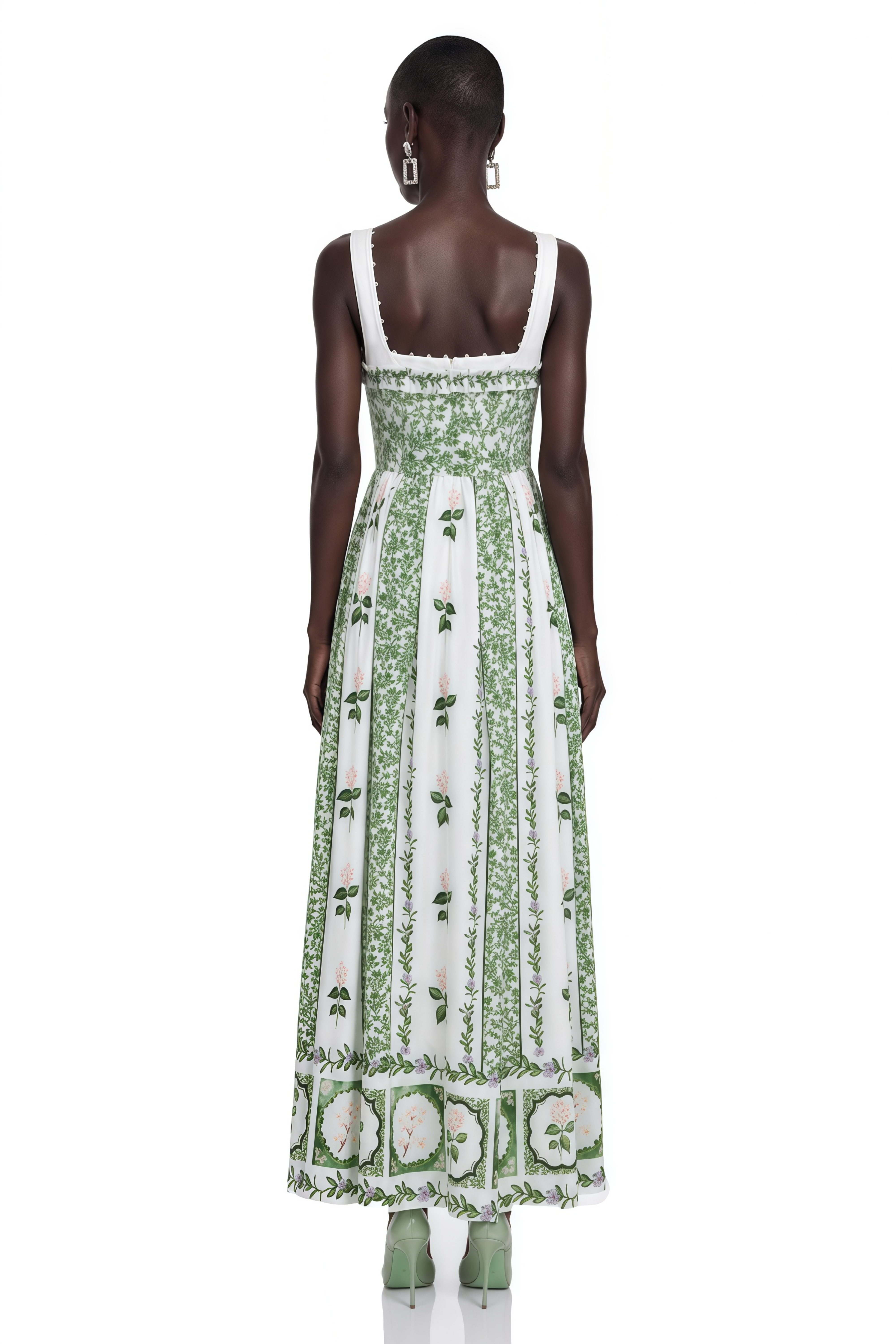 Adeliza Green Floral Print Square Neck Midi Dress