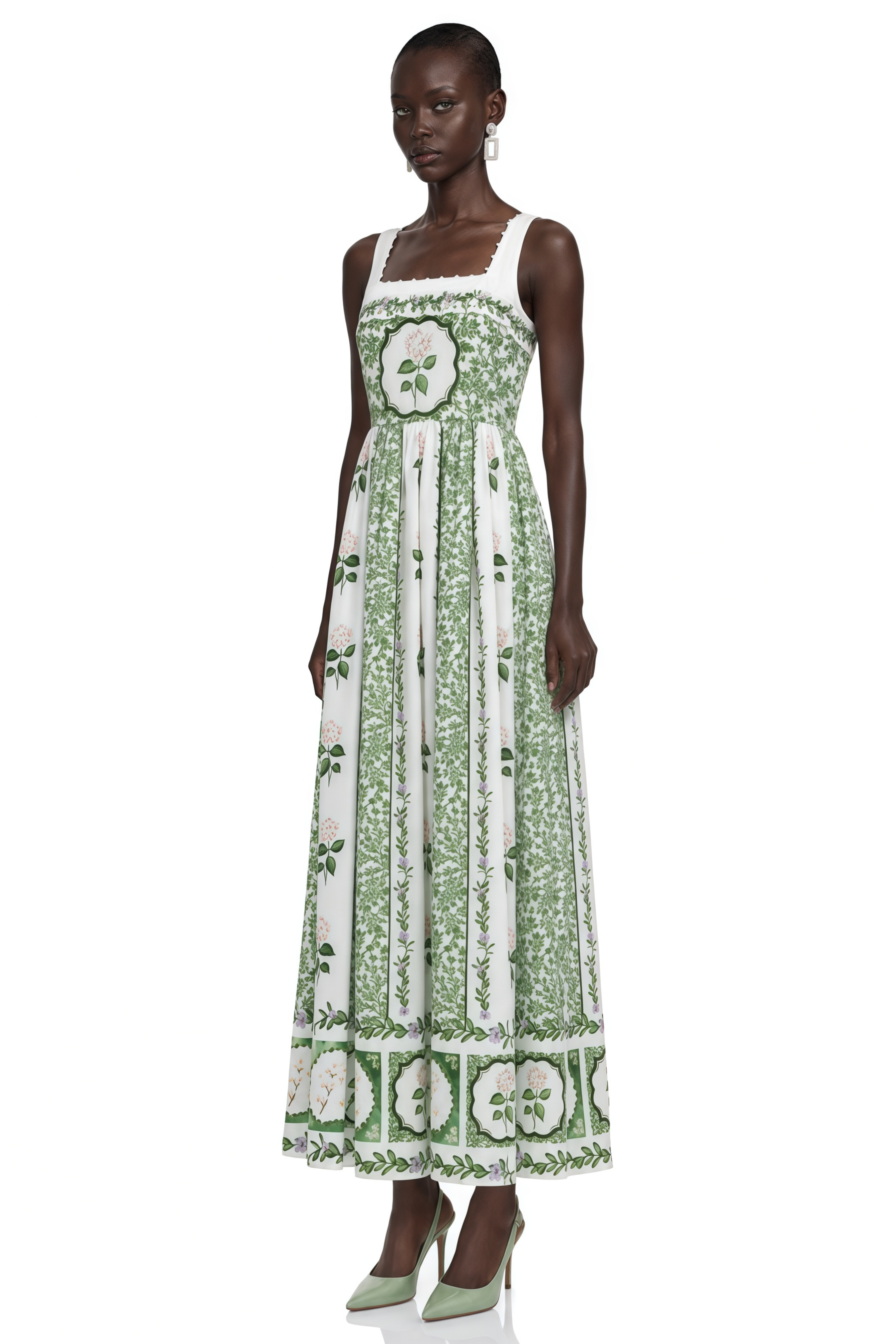 Adeliza Green Floral Print Square Neck Midi Dress