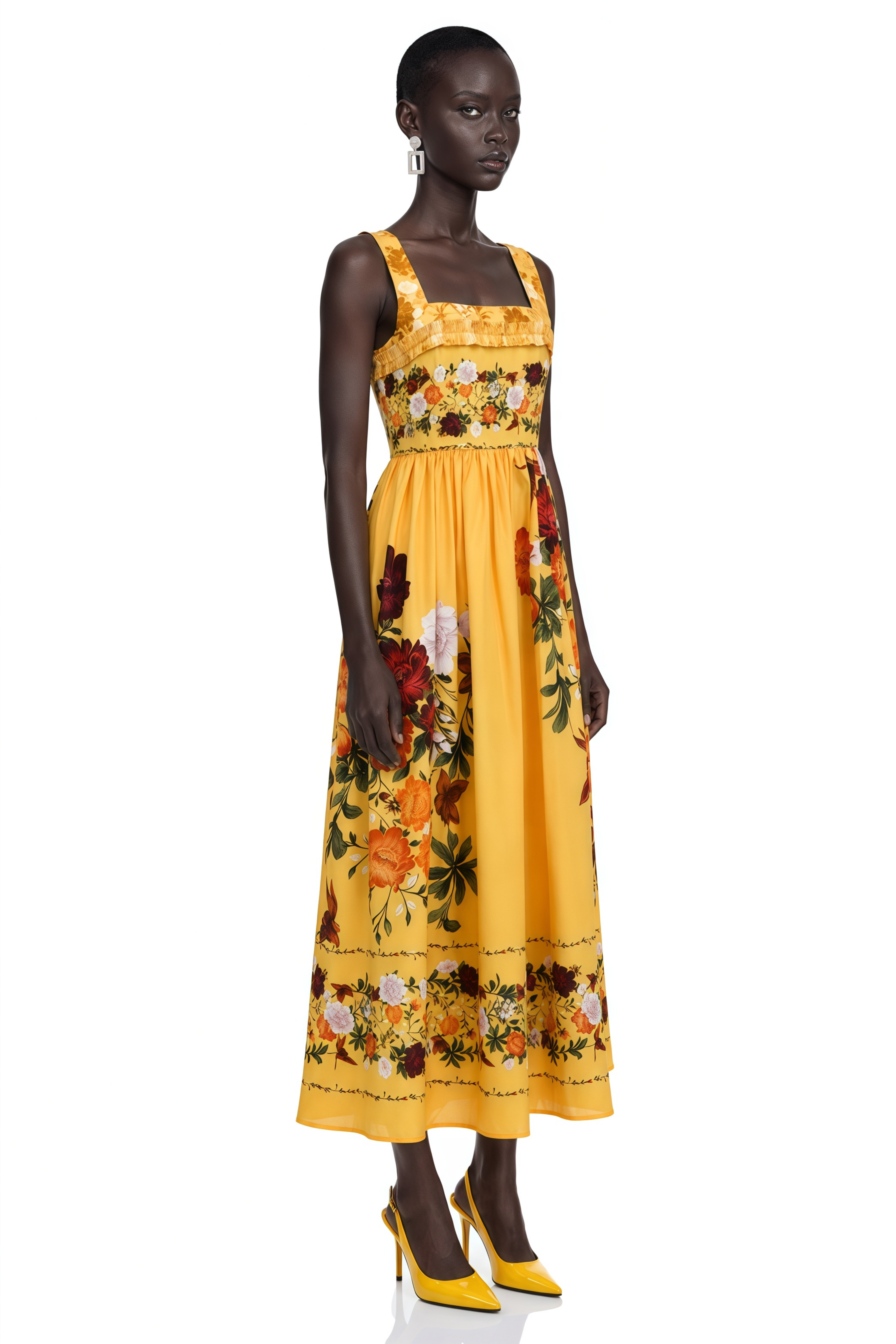 Adeliza Yellow Floral Print Square Neck Midi Dress