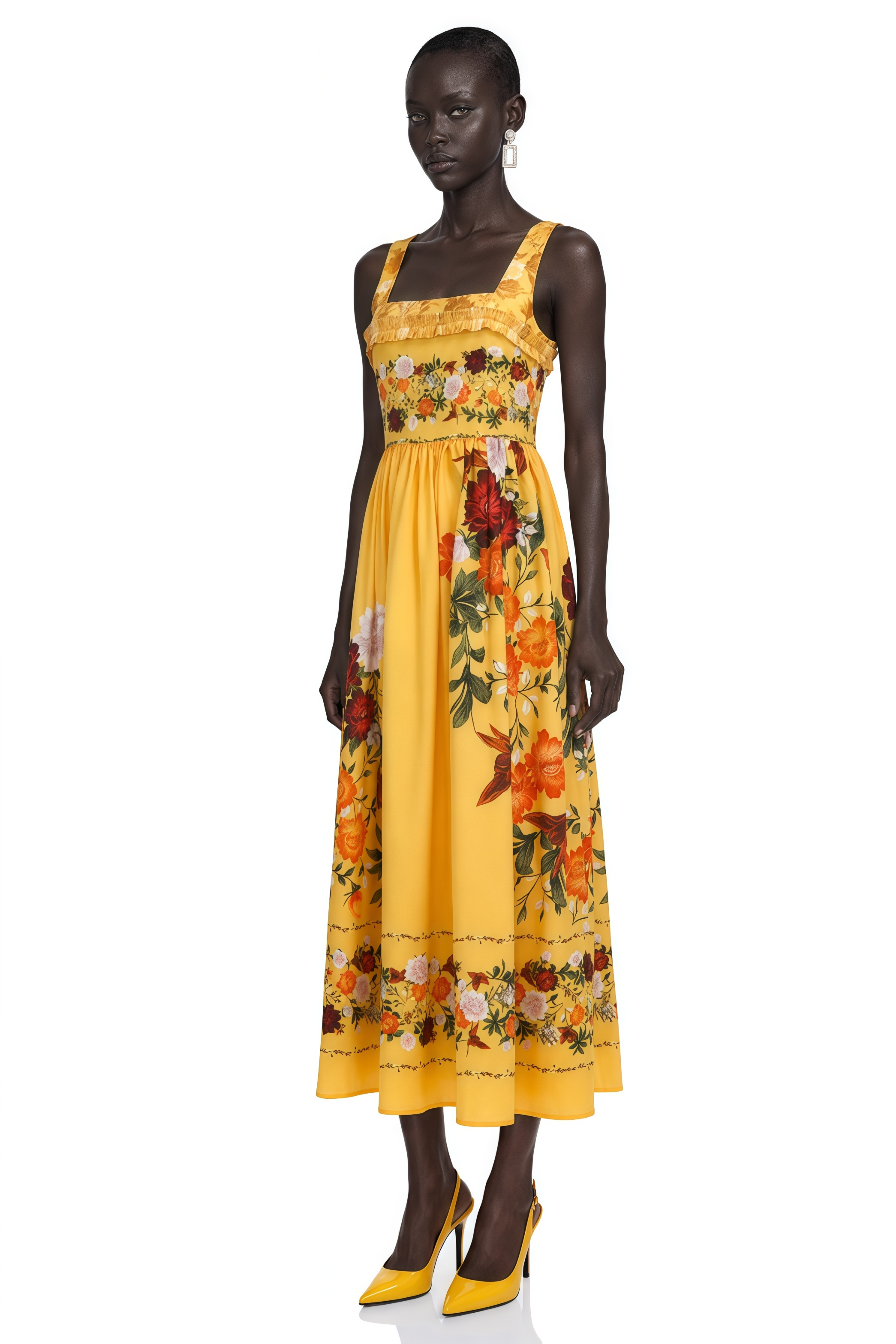 Adeliza Yellow Floral Print Square Neck Midi Dress