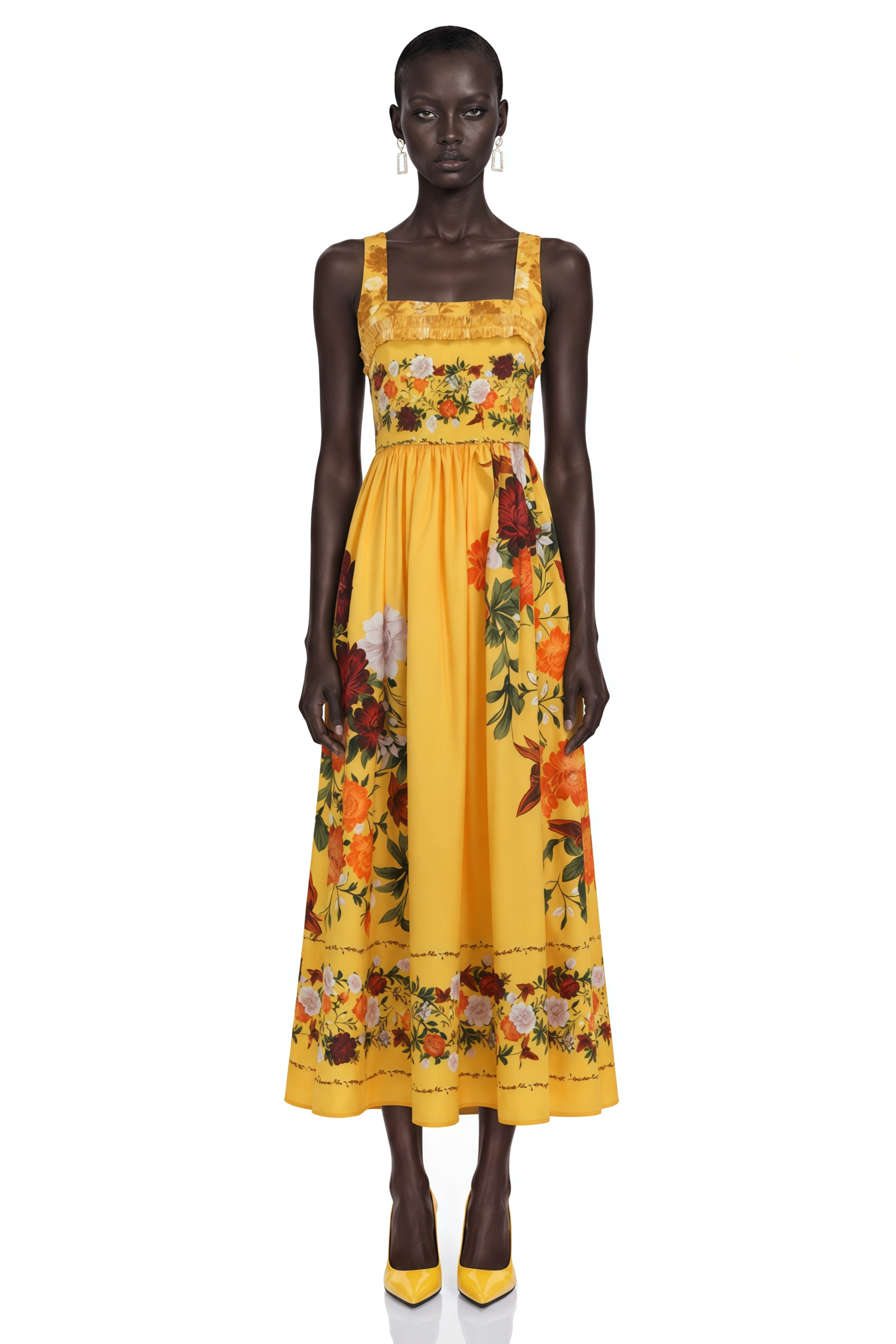 Adeliza Yellow Floral Print Square Neck Midi Dress