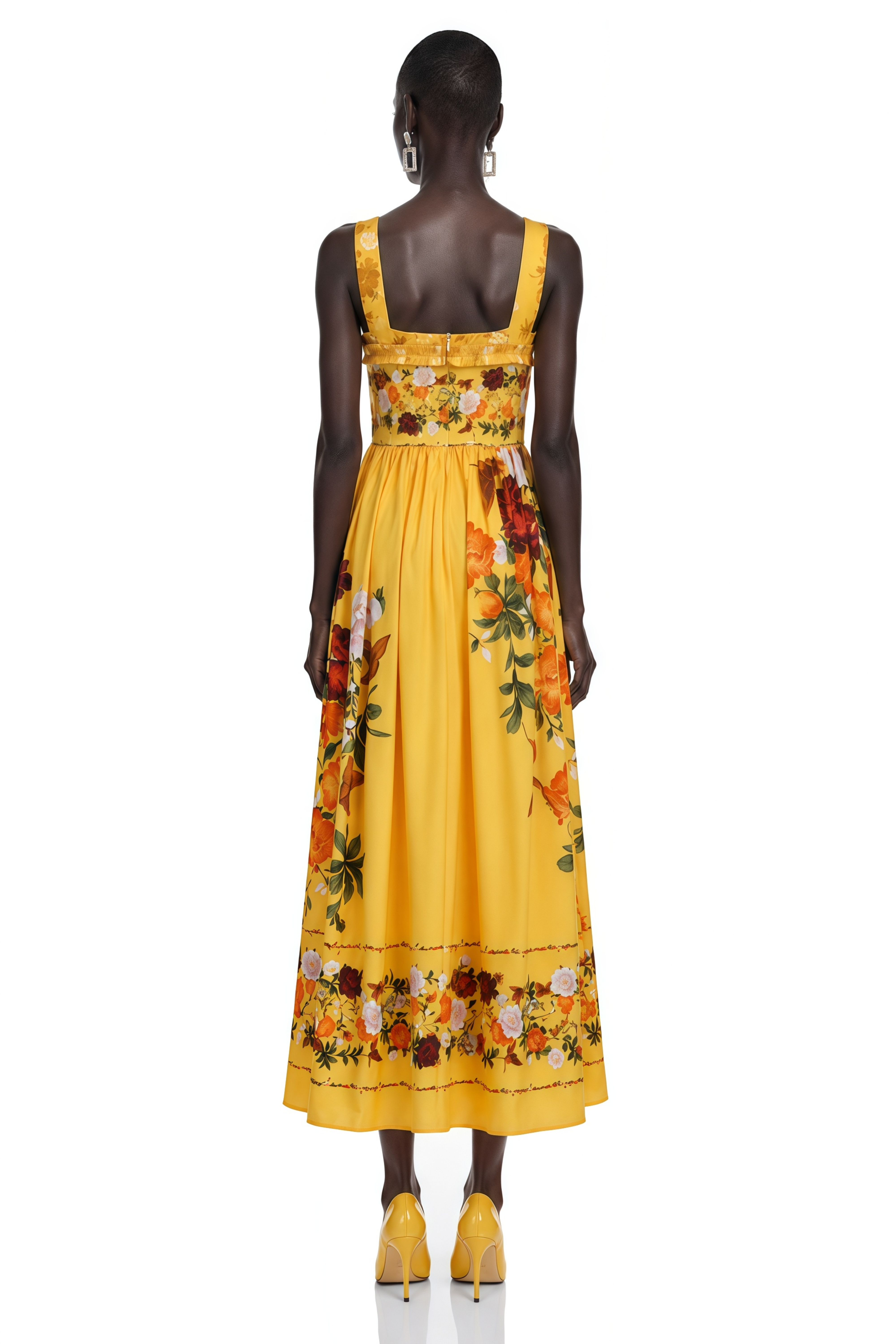 Adeliza Yellow Floral Print Square Neck Midi Dress