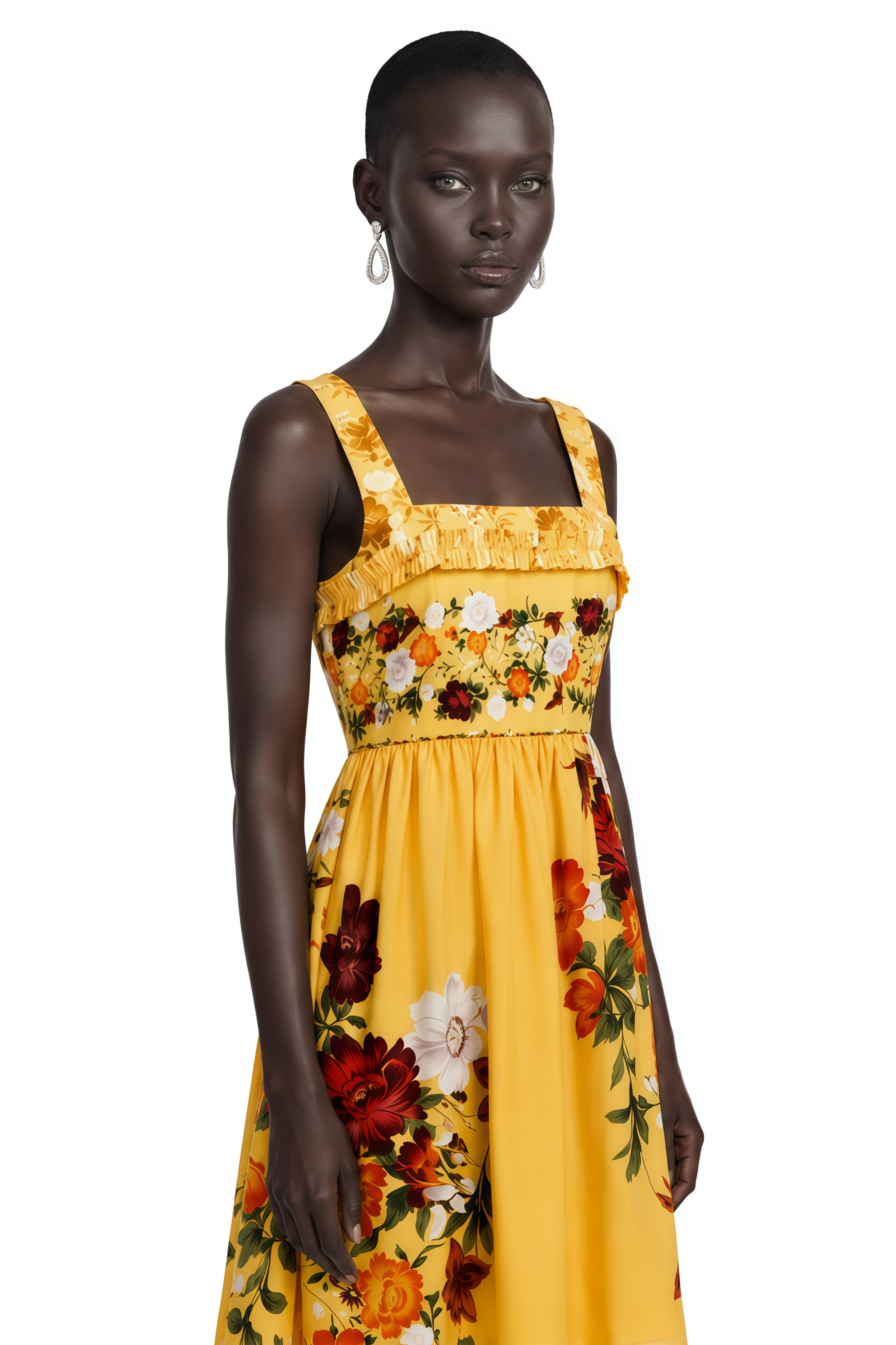 Adeliza Yellow Floral Print Square Neck Midi Dress