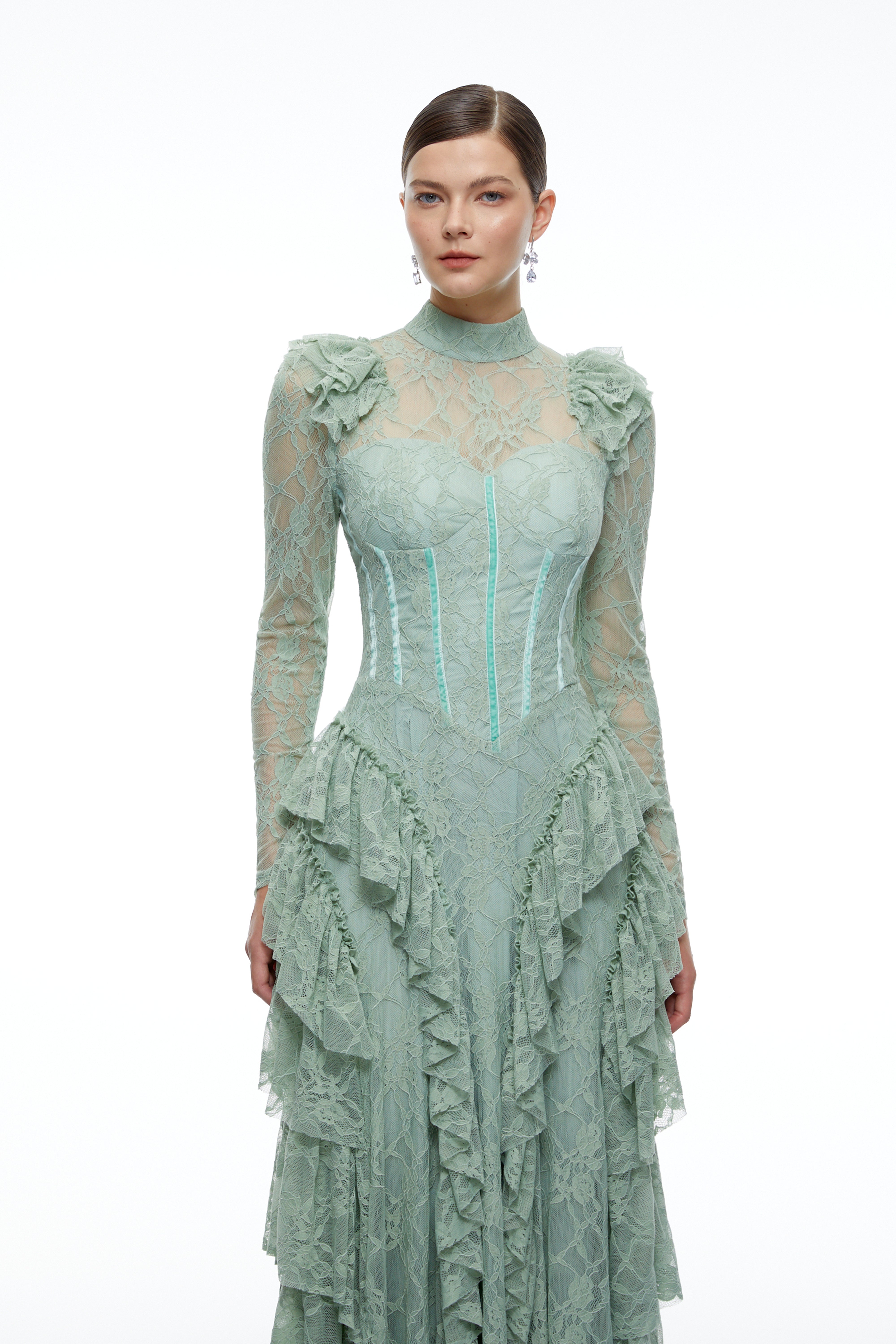 Aderyn Green High Neck Lace Ruffled Maxi Dress