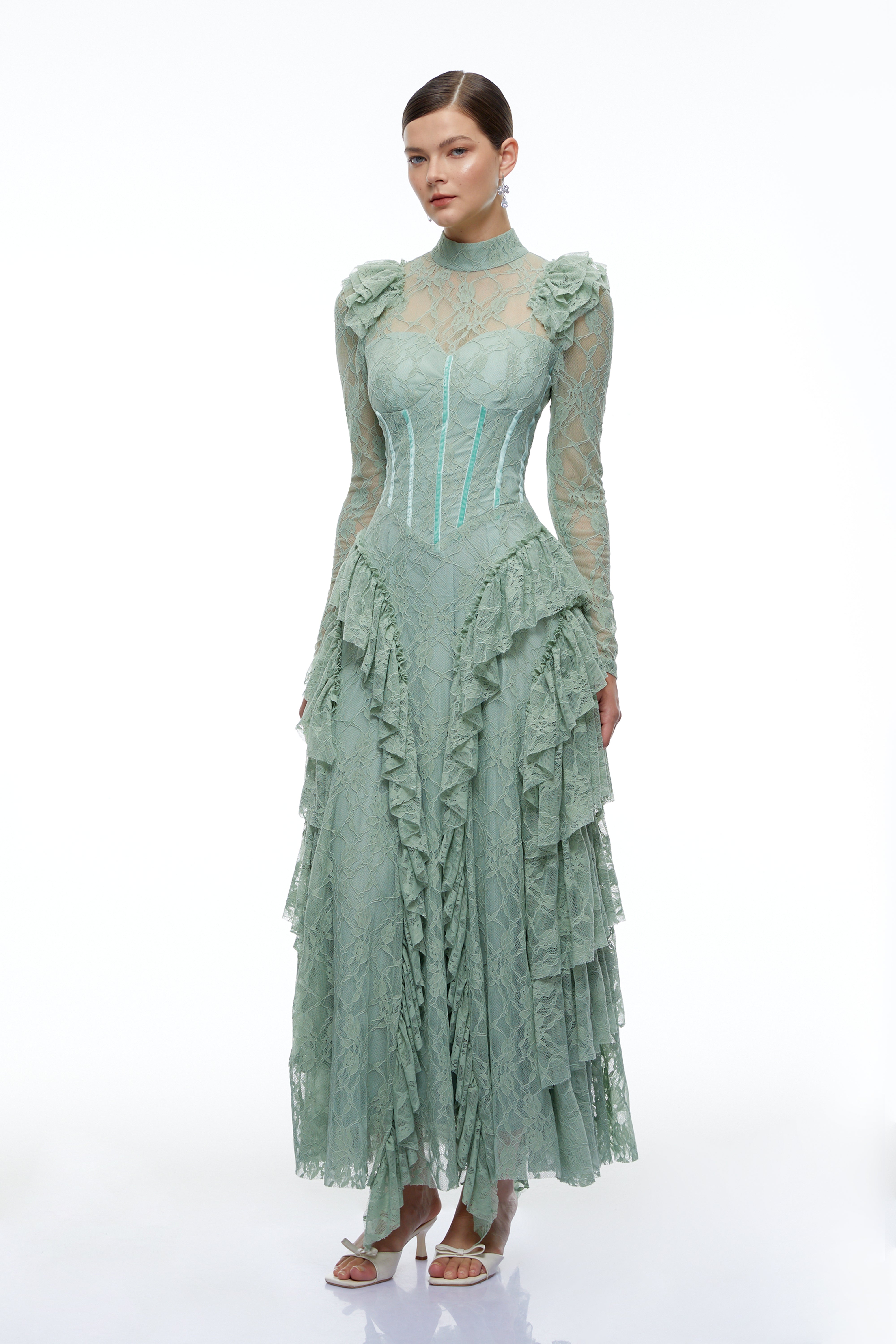 Aderyn Green High Neck Lace Ruffled Maxi Dress