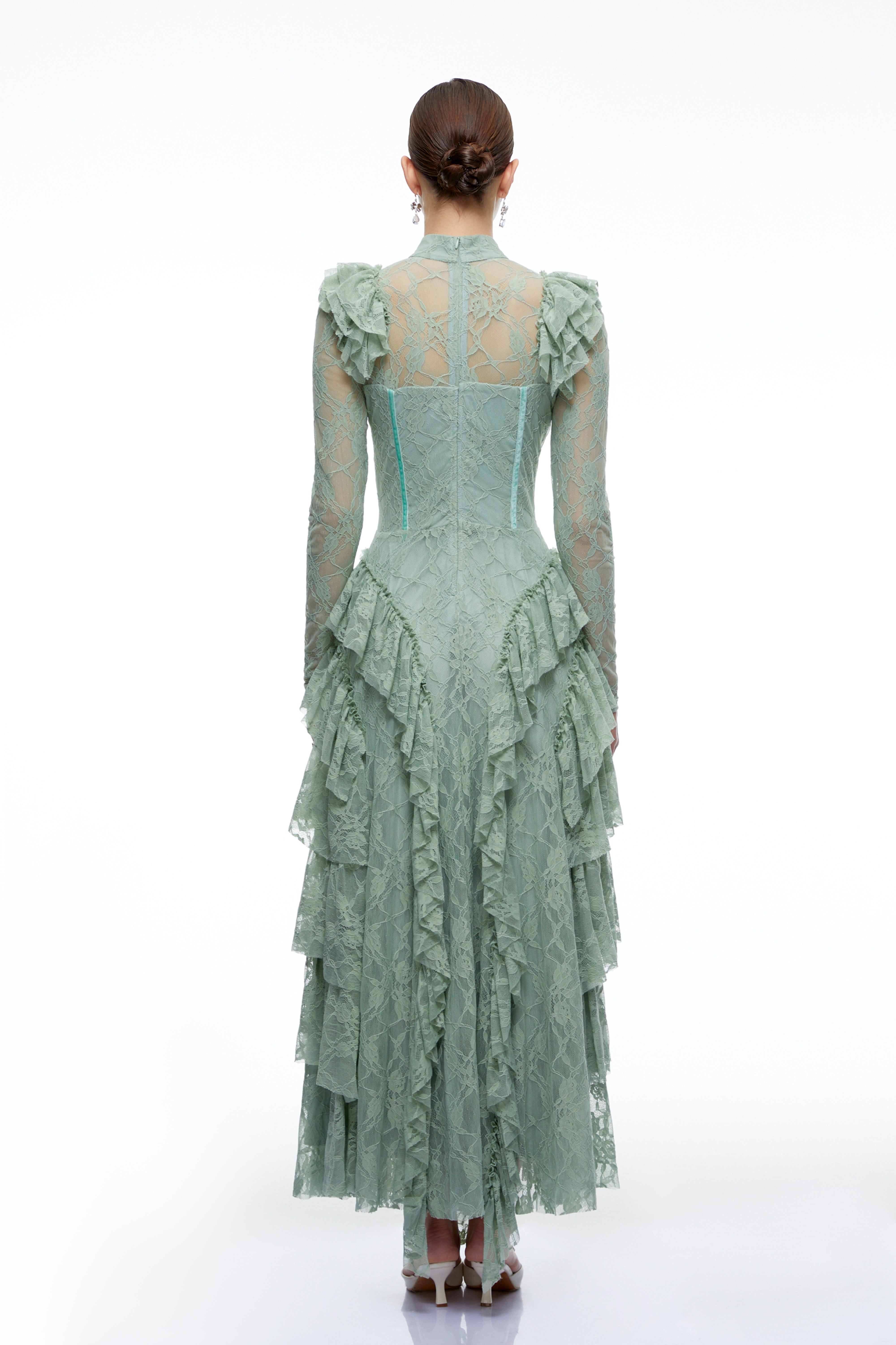 Aderyn Green High Neck Lace Ruffled Maxi Dress