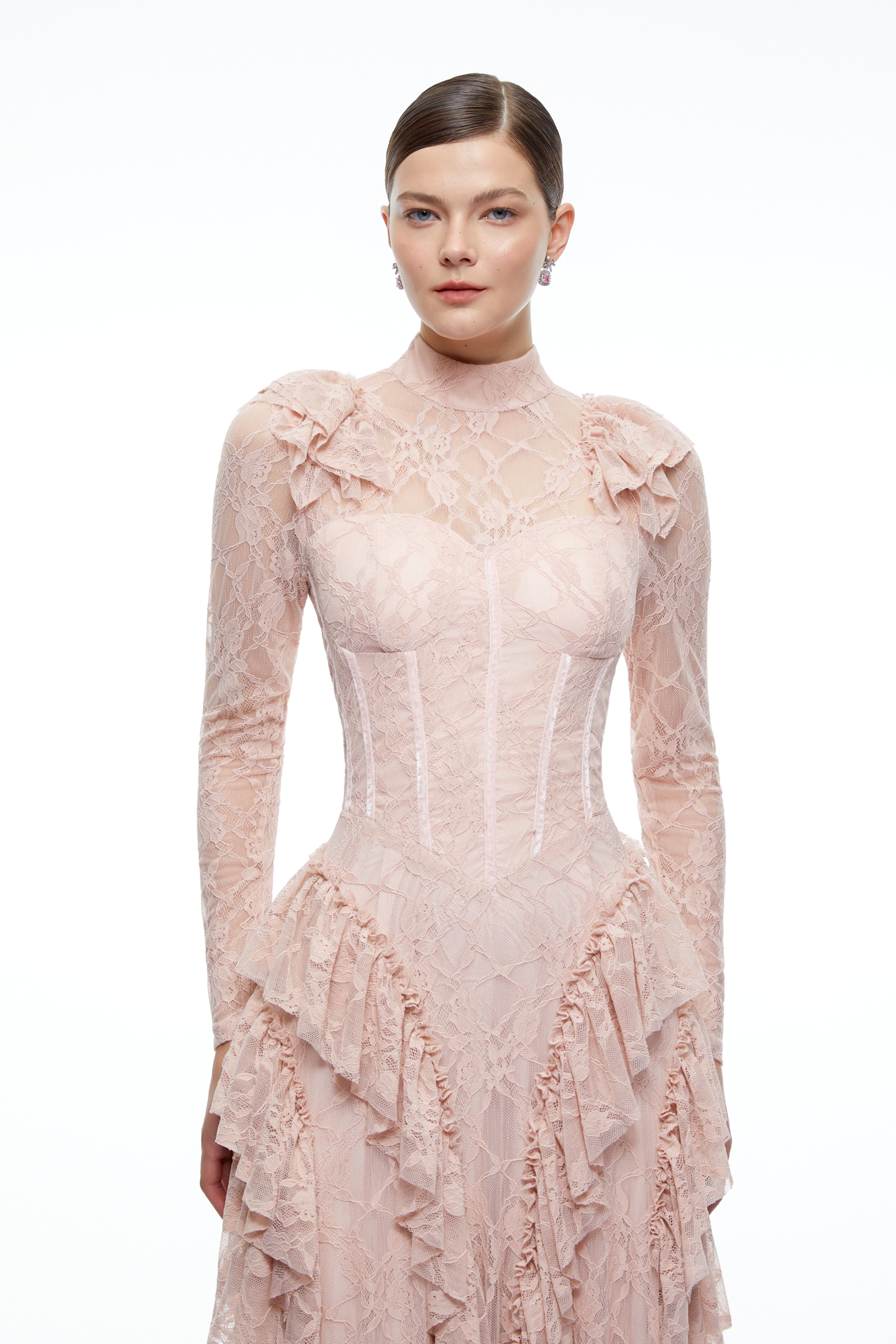 Aderyn Pink High Neck Lace Ruffled Maxi Dress