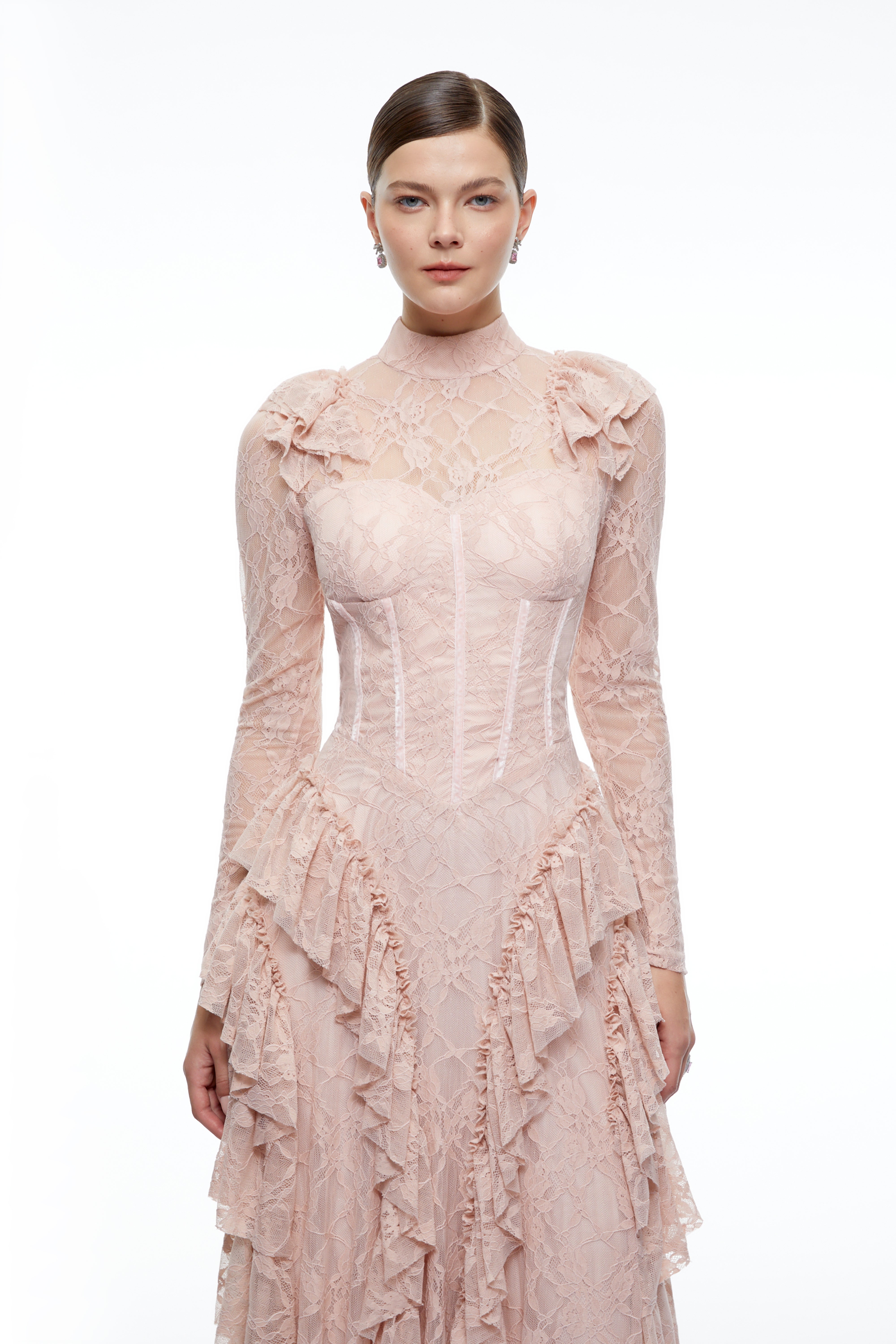 Aderyn Pink High Neck Lace Ruffled Maxi Dress
