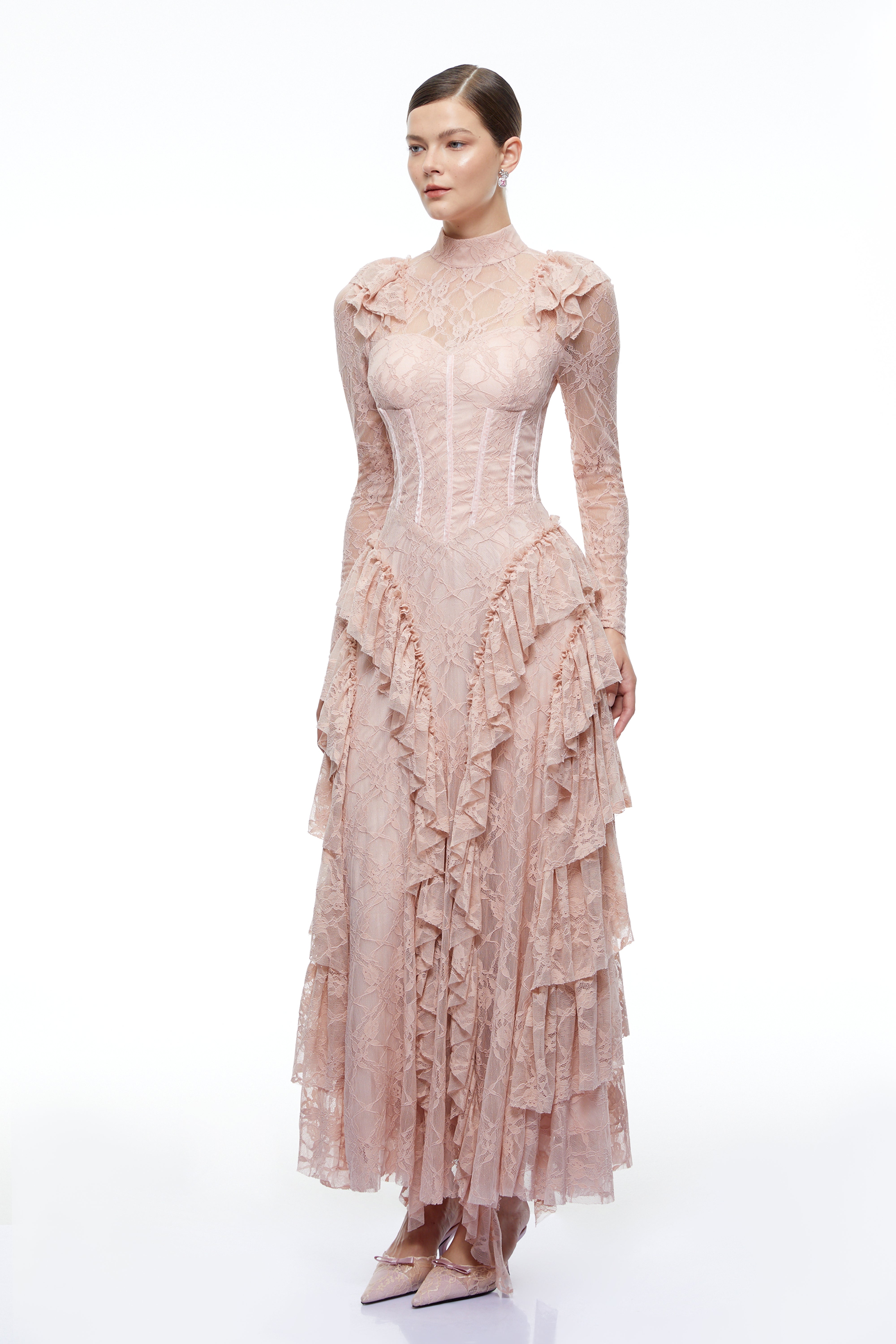 Aderyn Pink High Neck Lace Ruffled Maxi Dress