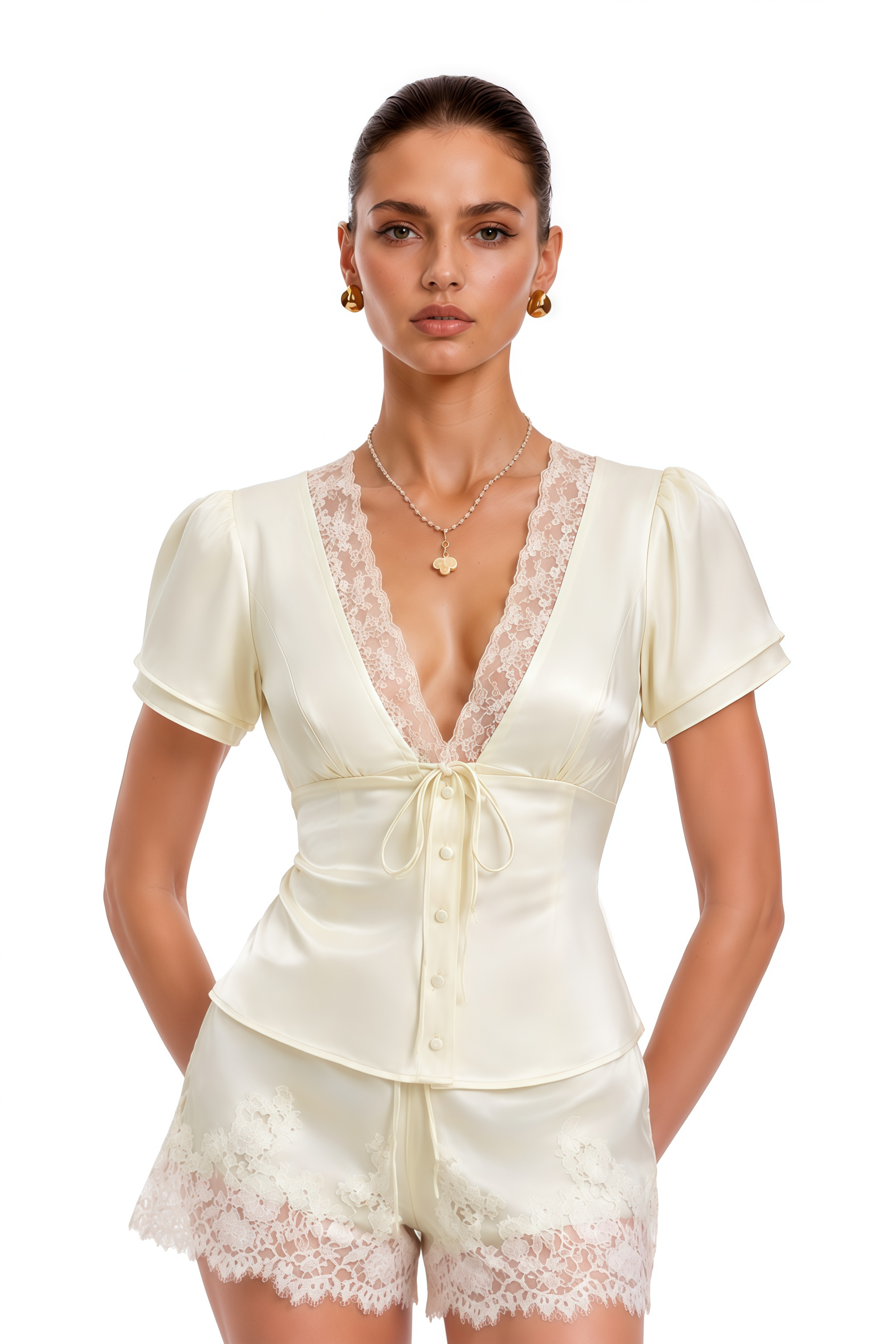 Adira Neutral Tie-Front Blouse & Lace Shorts Set