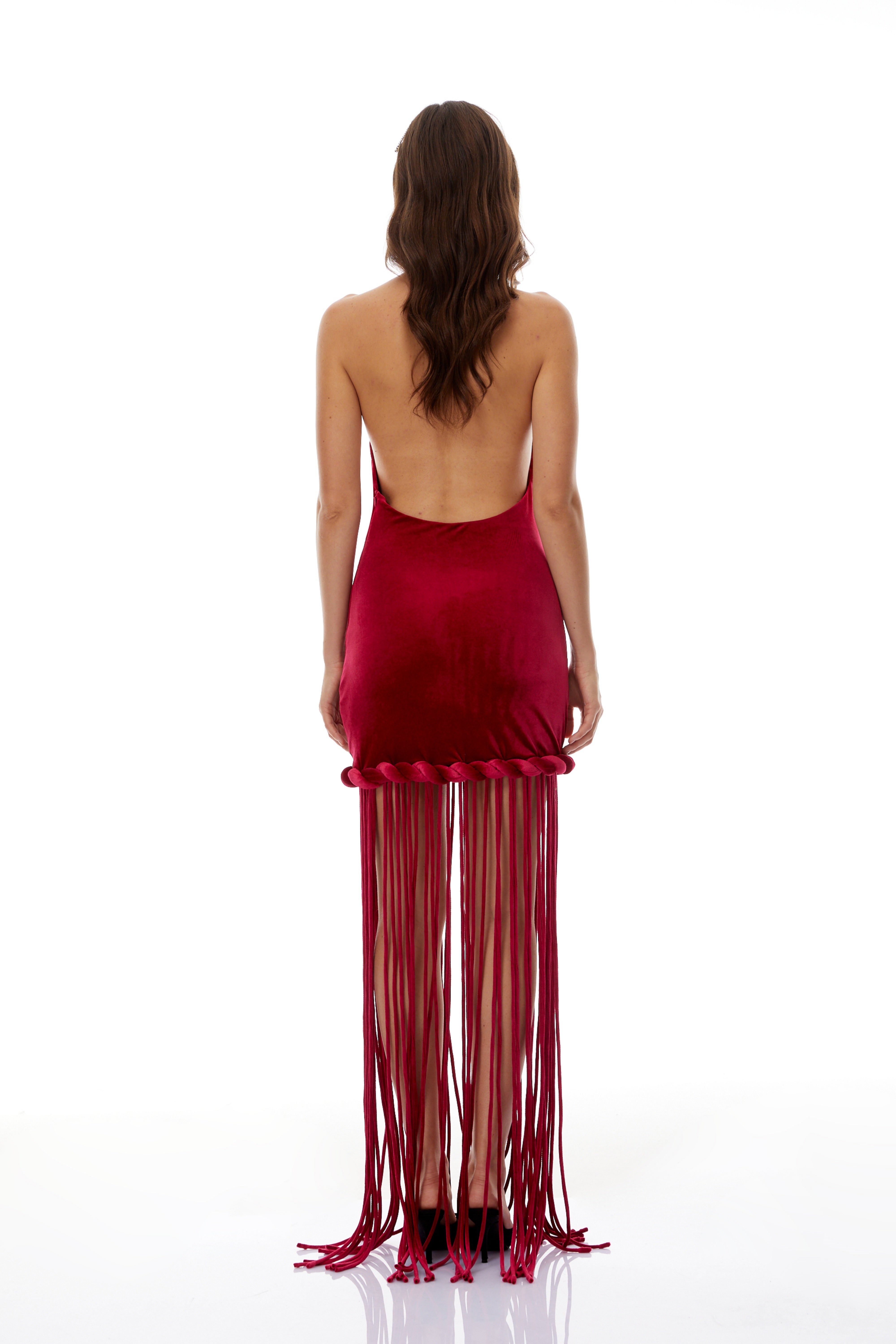 Robe longue en velours à dos nu Aïda rouge (Vente définitive)
