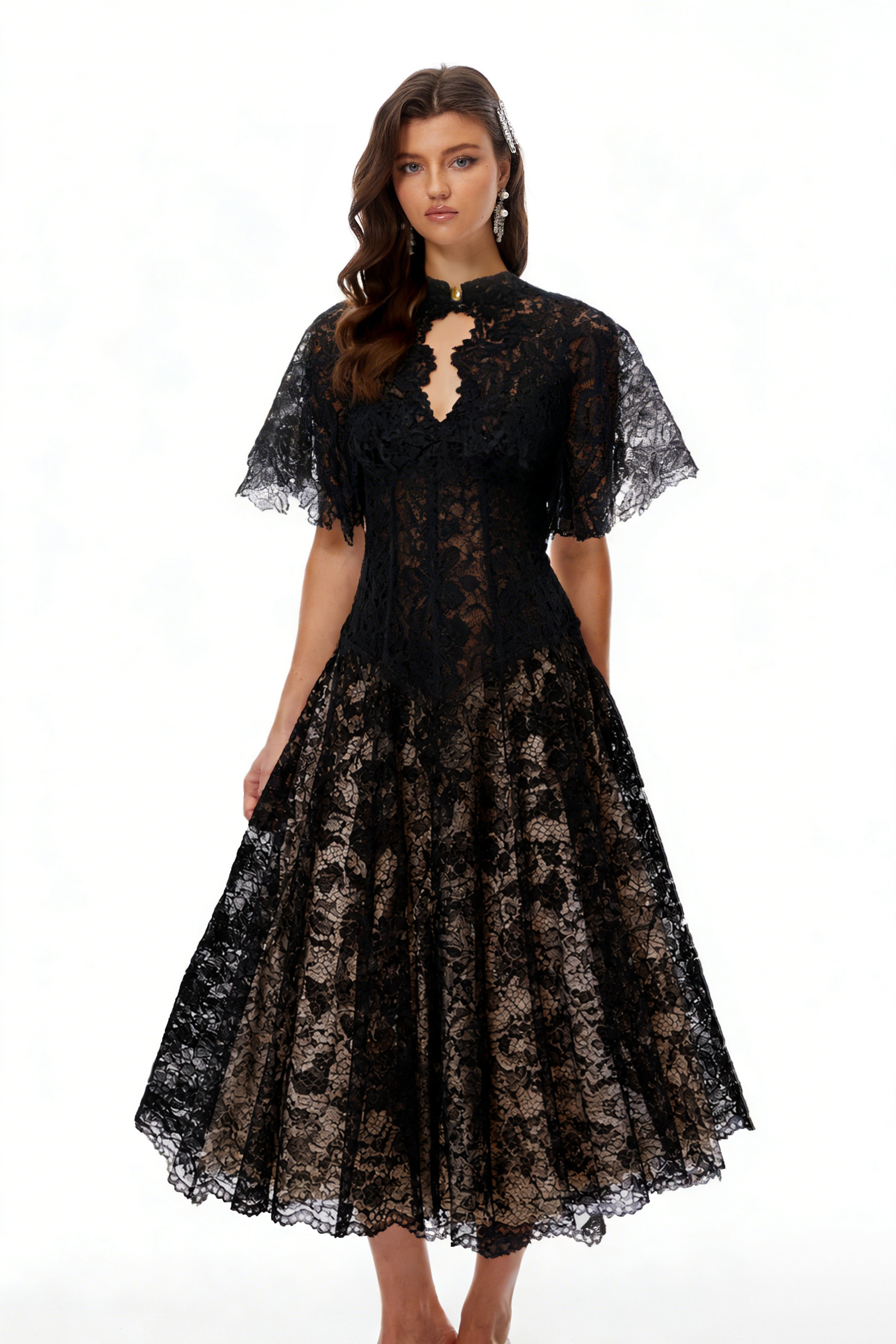 Black lace midi dress with a keyhole neckline and a flared skirt over a nude lining