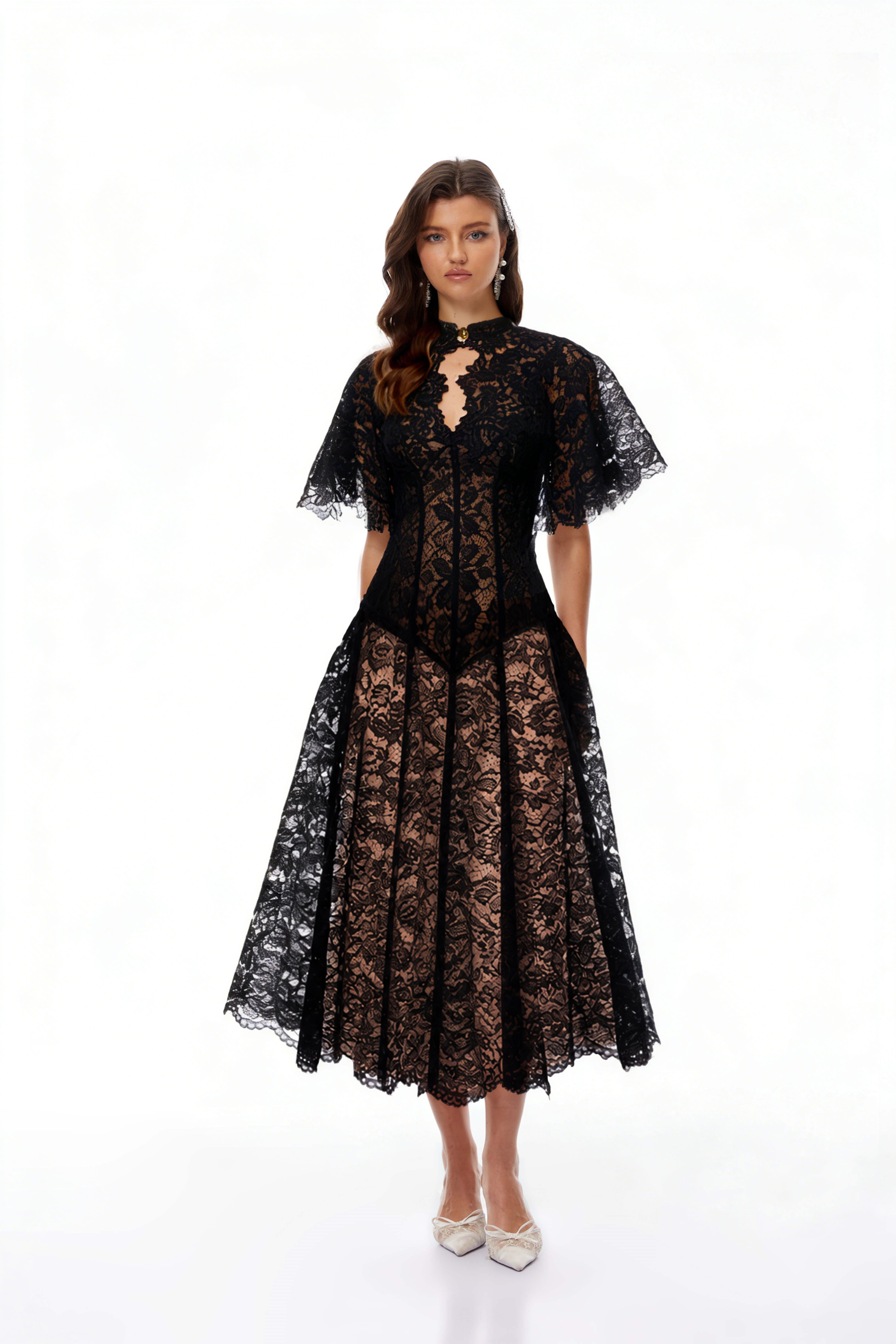 Alaia Black Cape Design Floral Lace Midi Dress (Final Sale)