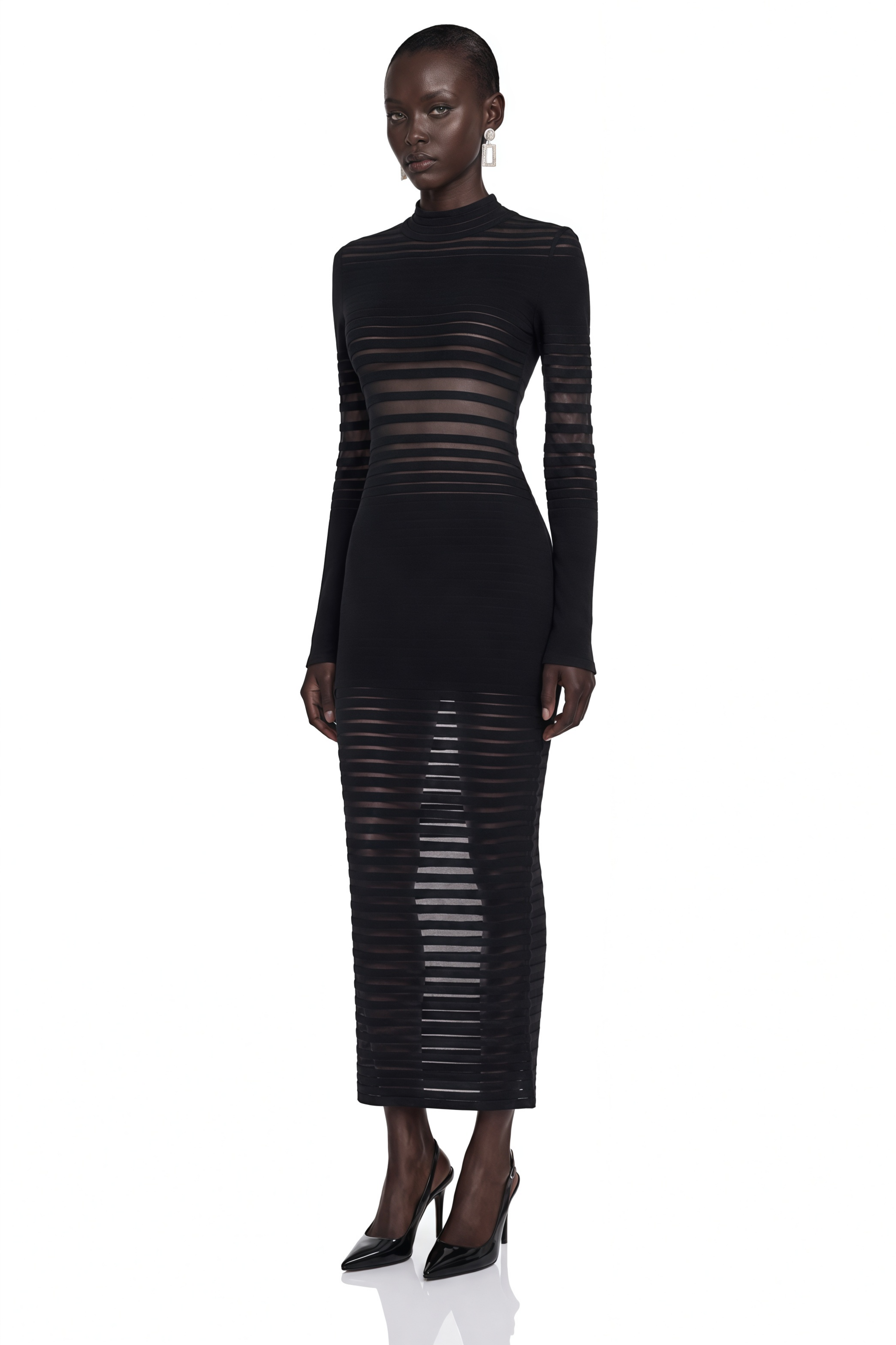 Alani Black Midi Dress with Semi-sheer Panels