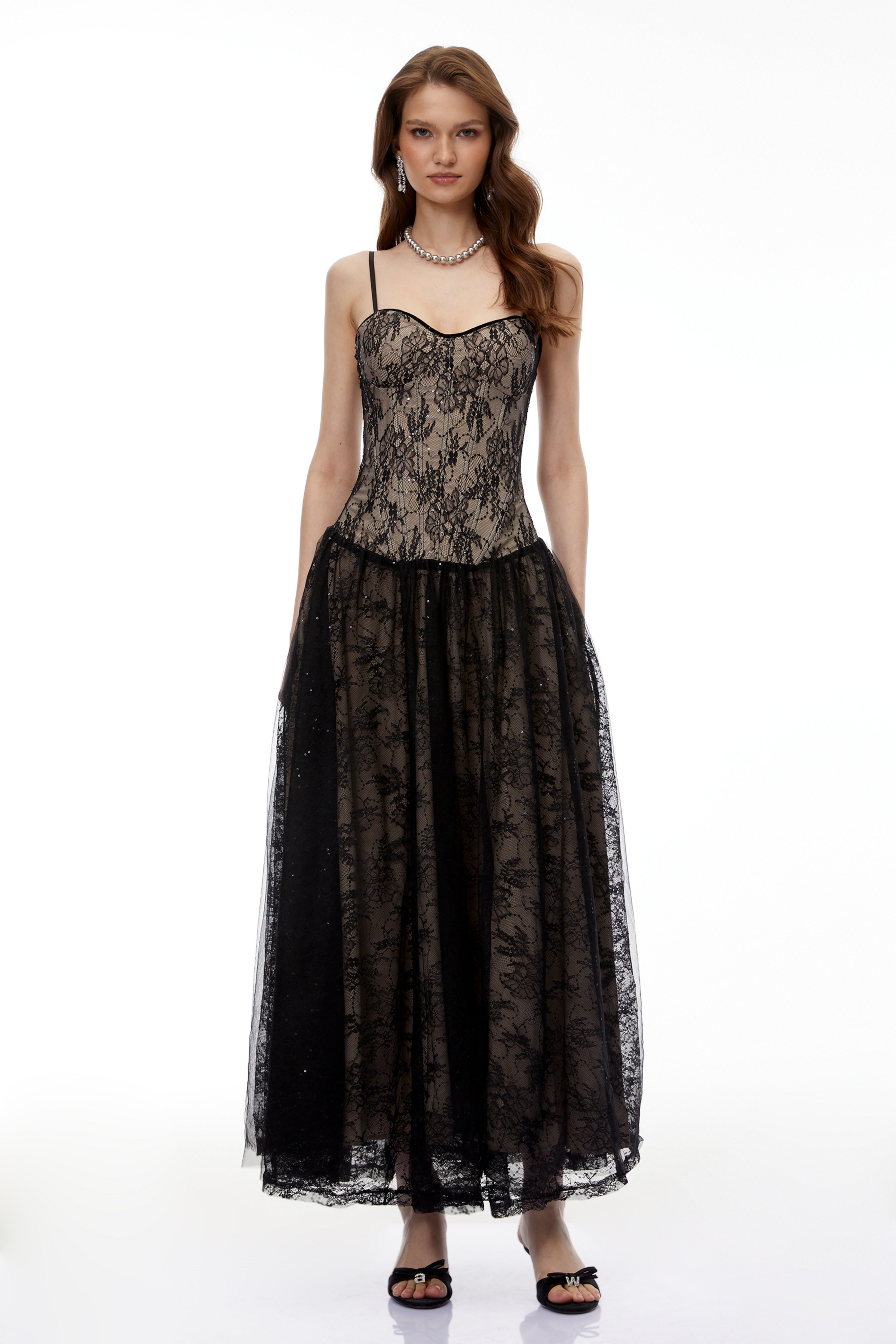 Alessa Black Floral Lace Maxi Dress with Tulle Panels (Final Sale)