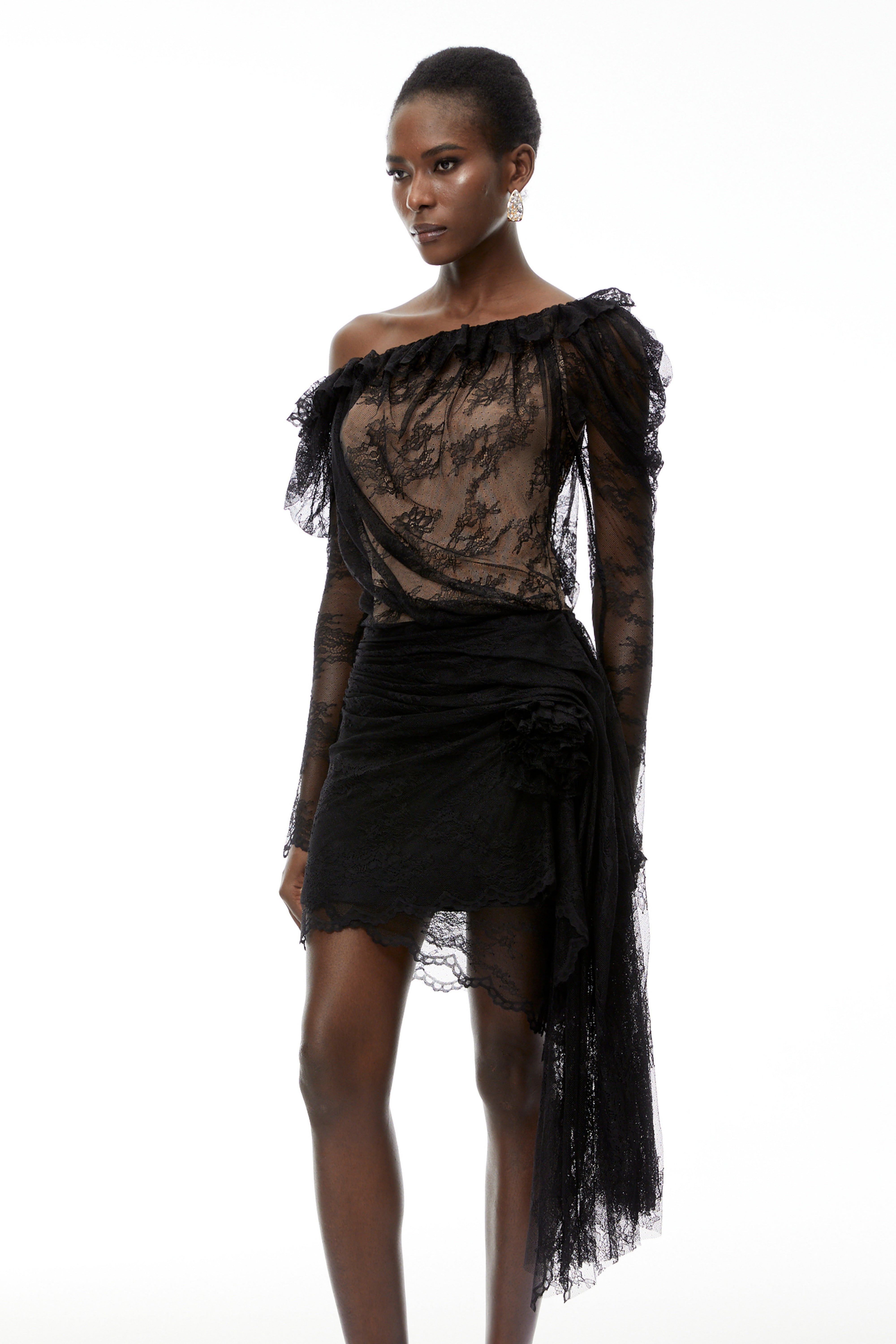 Black Semi-Sheer Floral Lace Mini Dress