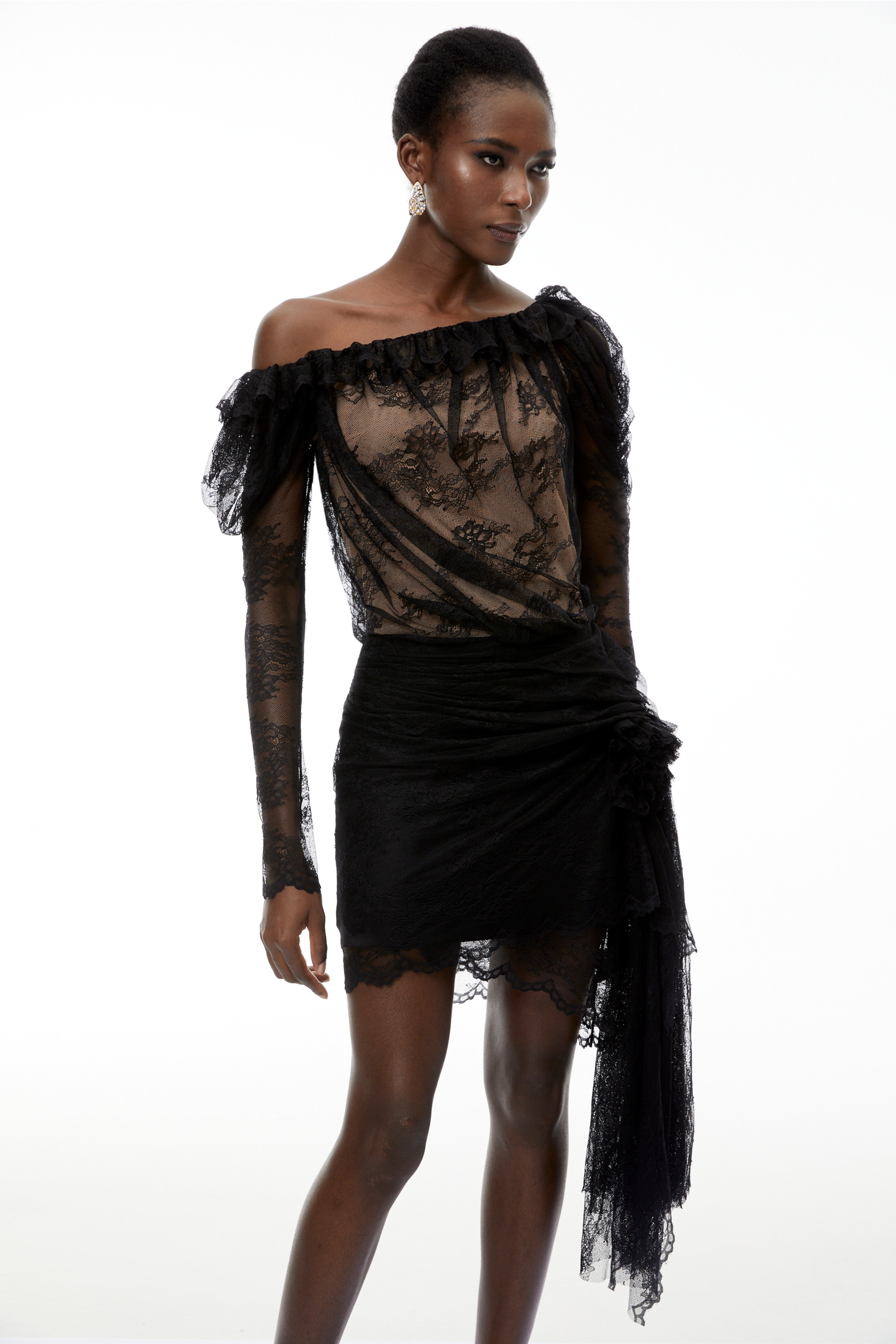 Black Semi-Sheer Floral Lace Mini Dress