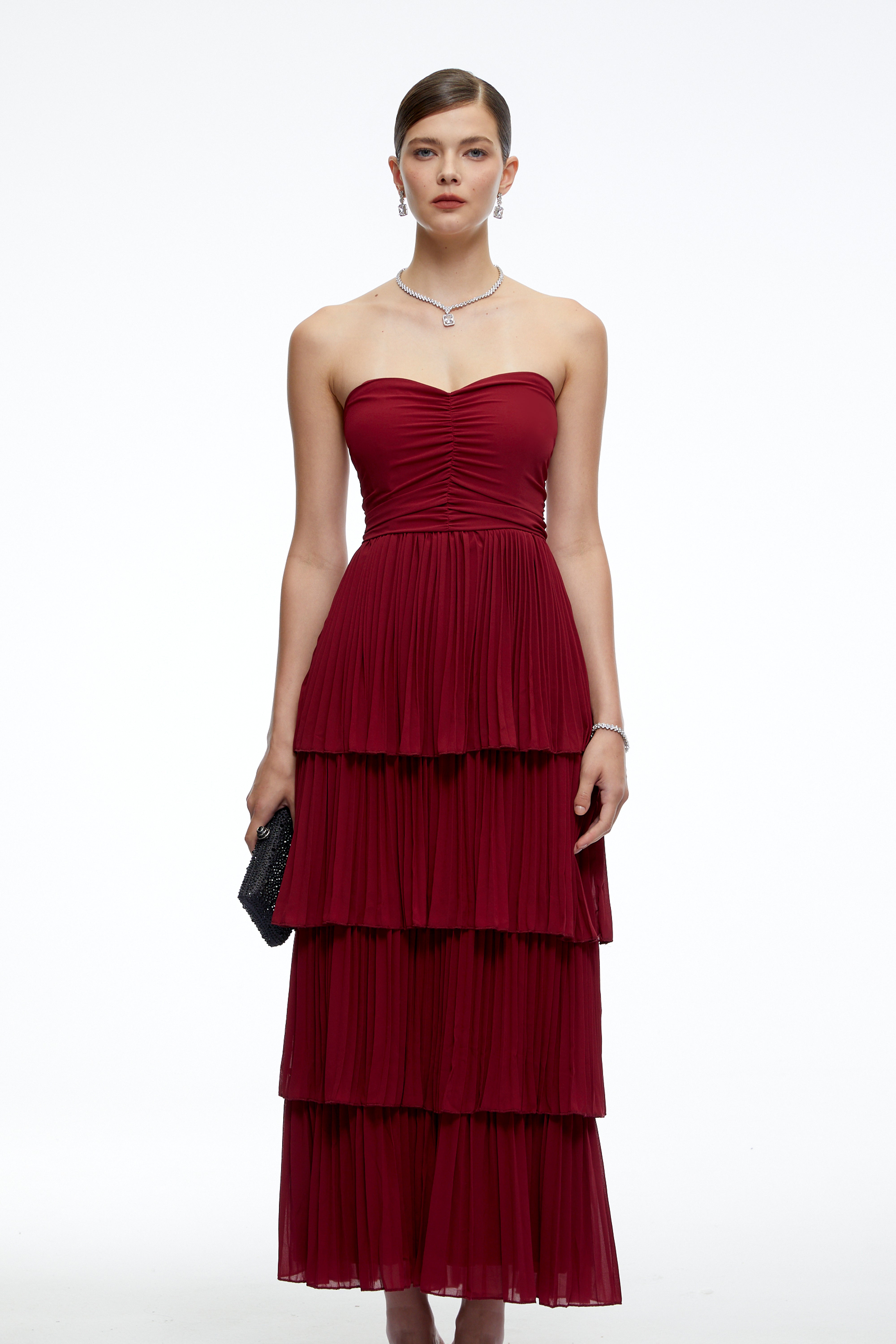 Allegra Burgundy Tiered Ruffled Maxi Dress
