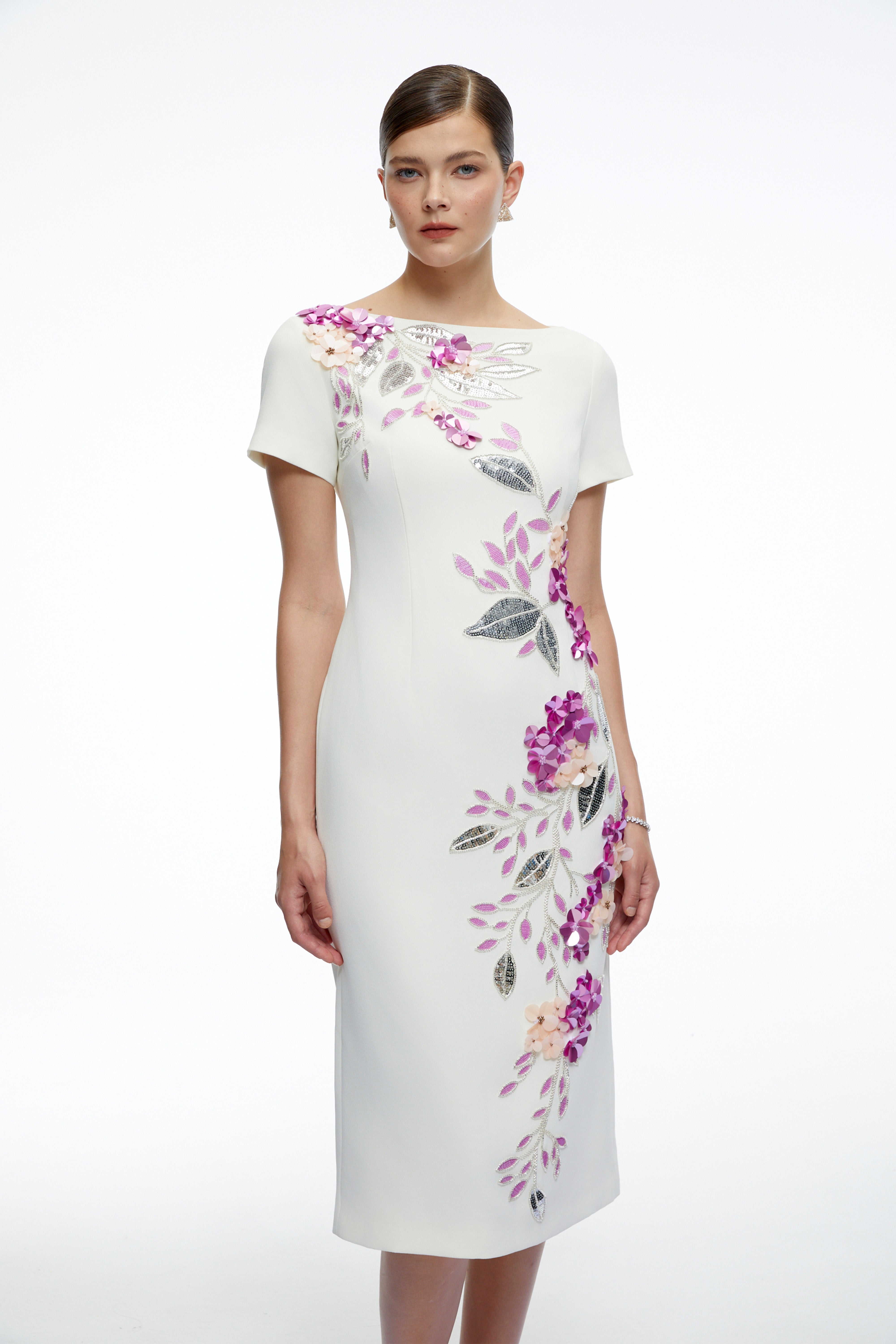 Althea White Short Sleeves Midi Dress with 3D Florals