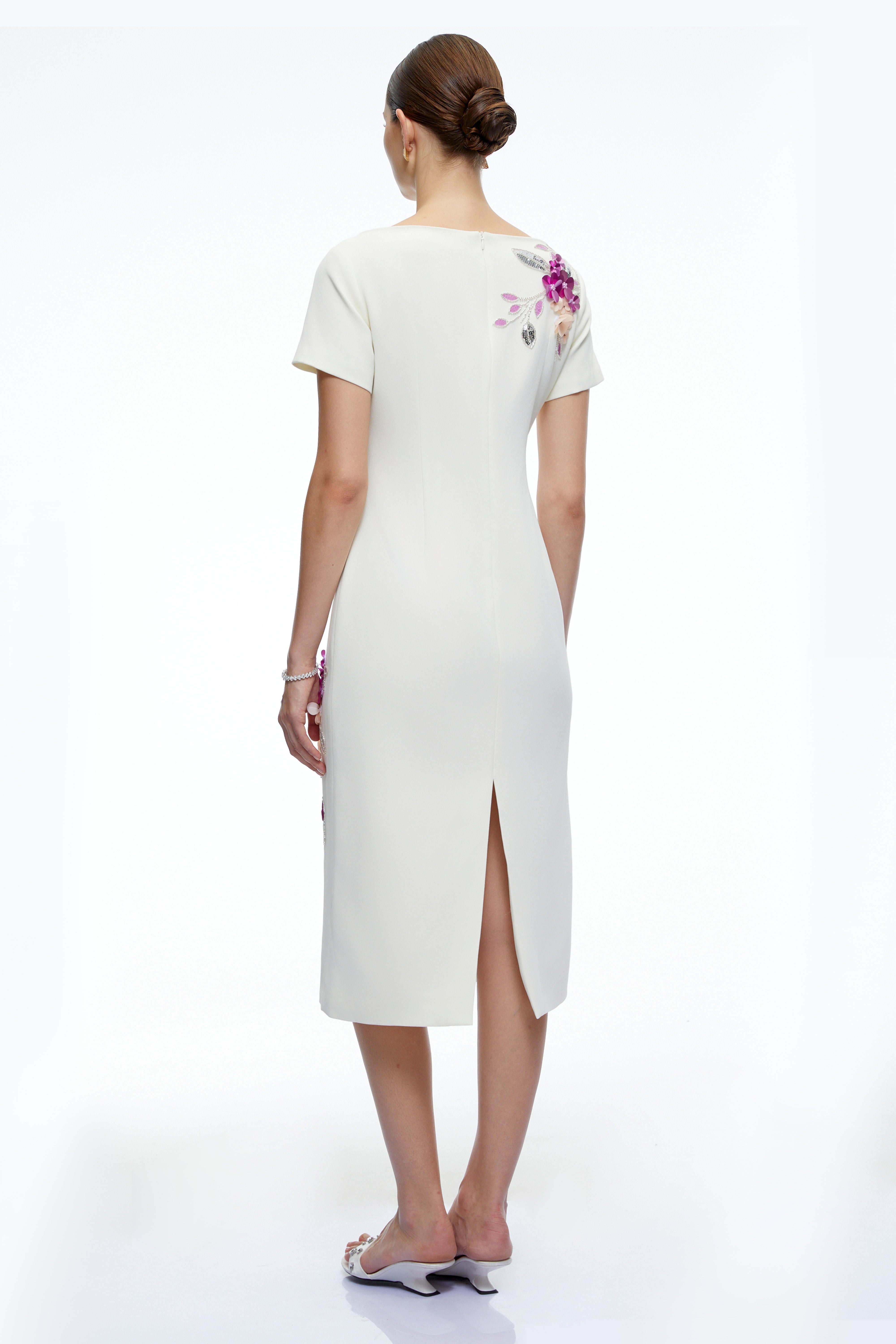Althea White Short Sleeves Midi Dress with 3D Florals